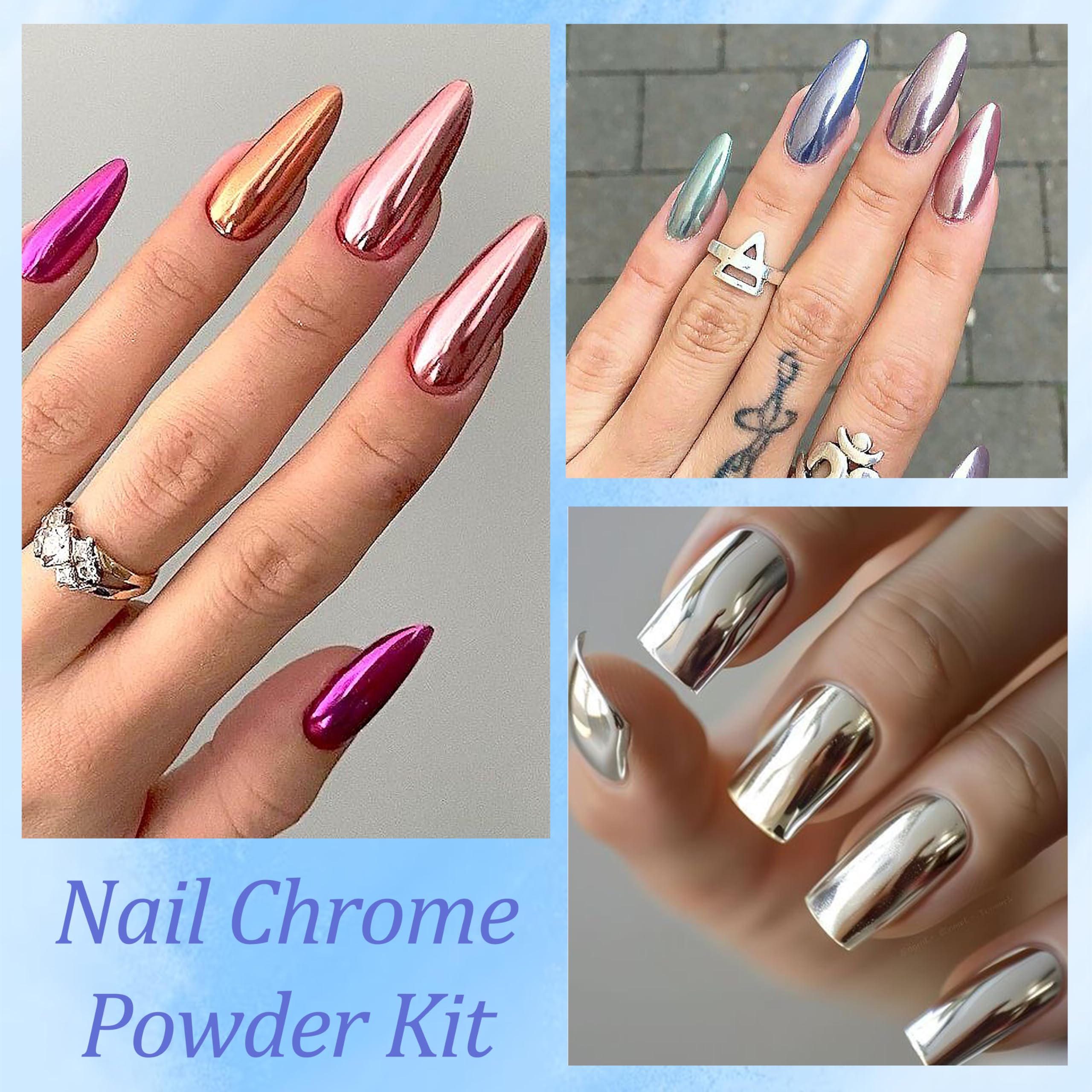 Chrome Nail Powder, 4 kolory, chromowany puder brokatowy, zestaw - proszek do paznokci, proszek do paznokci, błyszczący proszek, efekt lustrzany, DIY