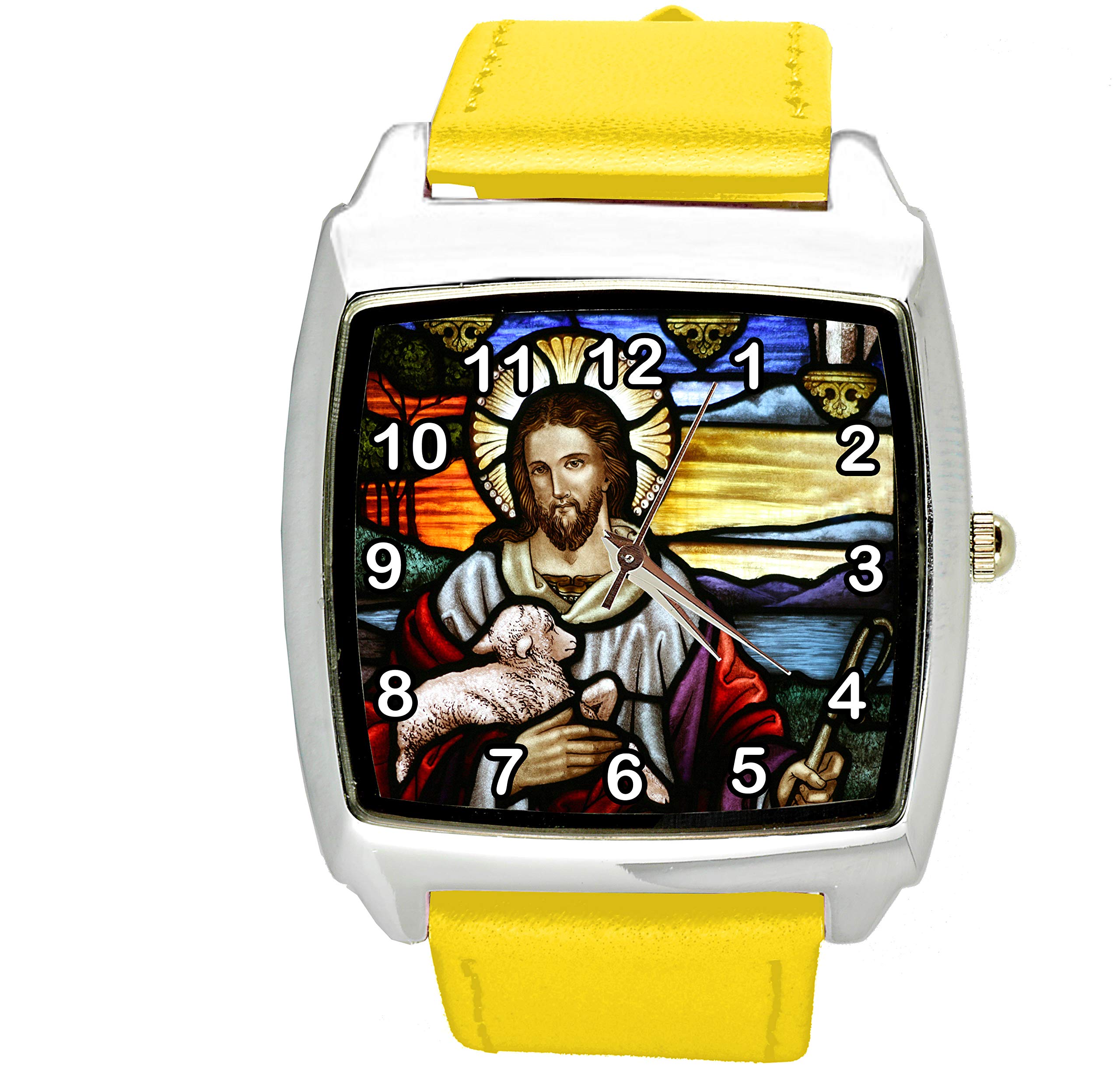 Gesù Cristo al quarzo quadrato orologio giallo cinturino in pelle