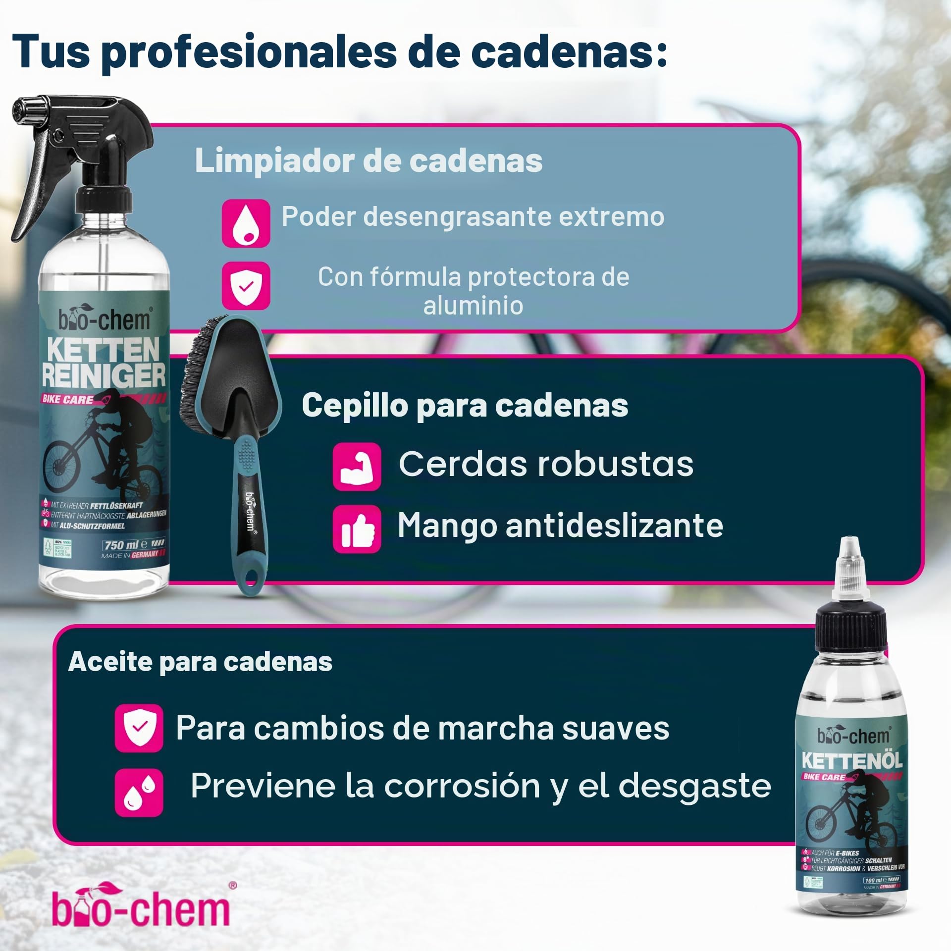 bio-chem Kit de 9 productos para el cuidado de bicis + accesorios | Productos para la limpieza de los cuadros de las bicicletas de carretera y de las cadenas - Accesorios y Caja incluidos