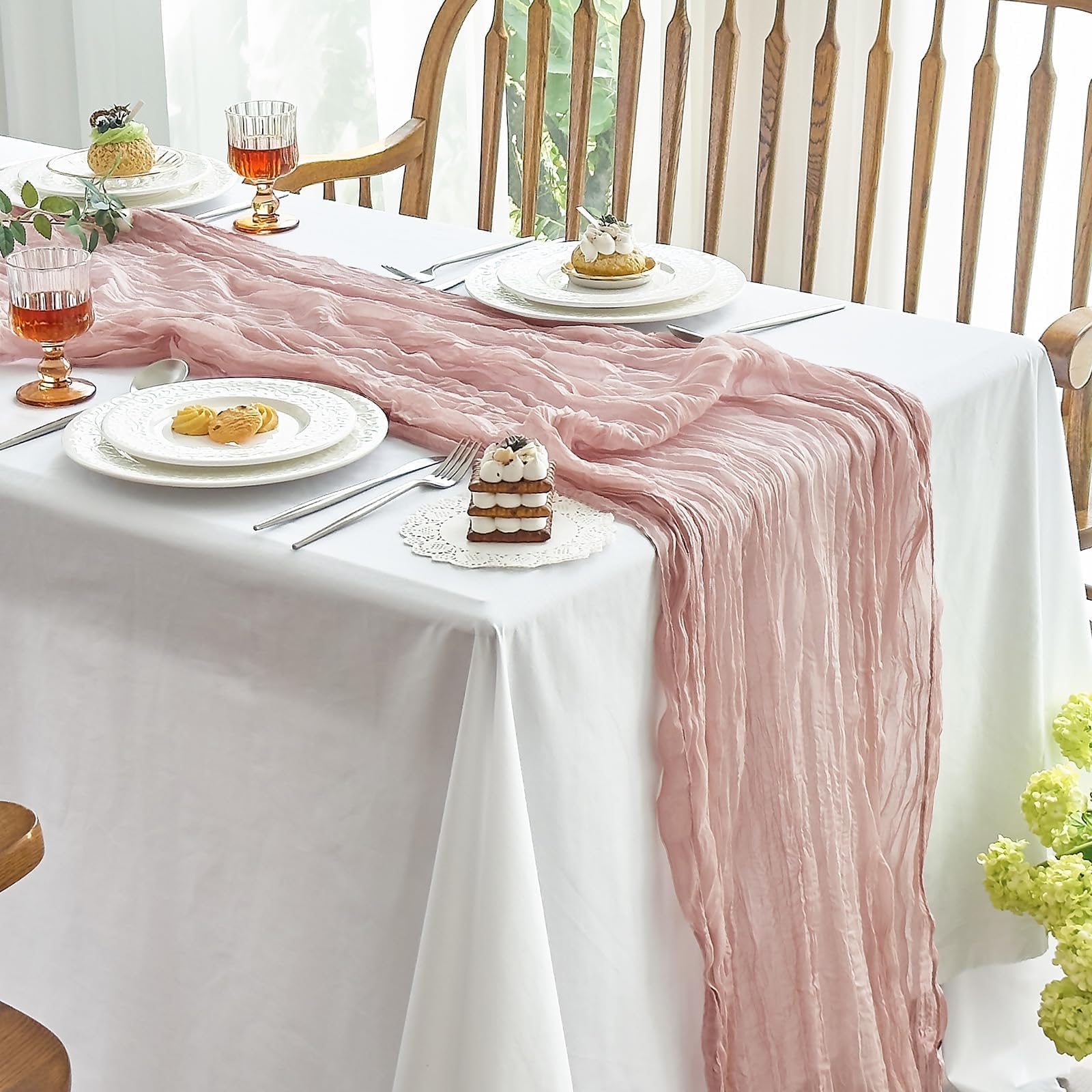 Bieżnik stołowy w stylu boho, pudrowy róż, szyfonowy bieżnik z tkaniny cheesecloth, elegancka dekoracja na wesele, przyjęcie, baby shower, rustykalny i szykowny wystrój (90 x 300 cm)
