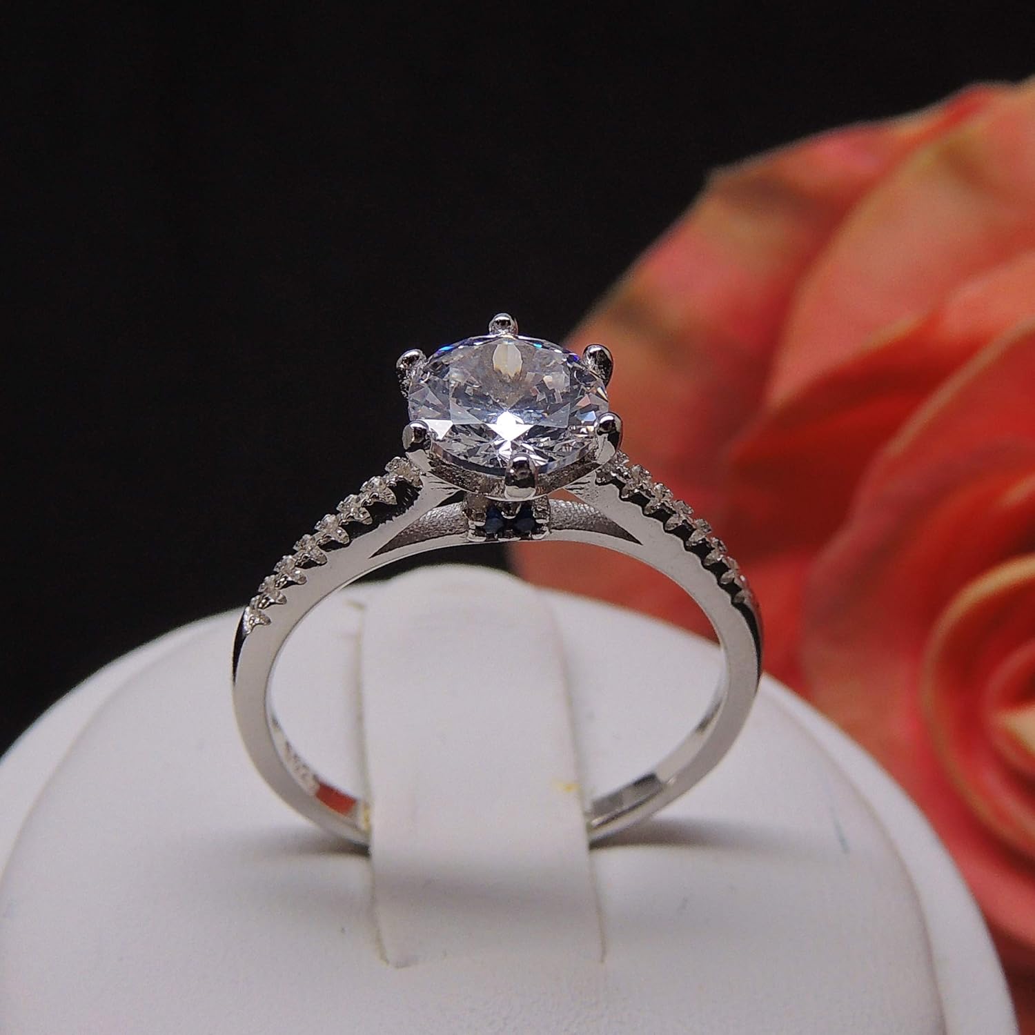 Merci Engagement Ring for Women by Ginger Lyne | Sterling Silver 7mm Solitaire Blue Accent Cubic Zirconia Wedding Ring for Her | Bridal Jewelry for Wife or Girlfriend