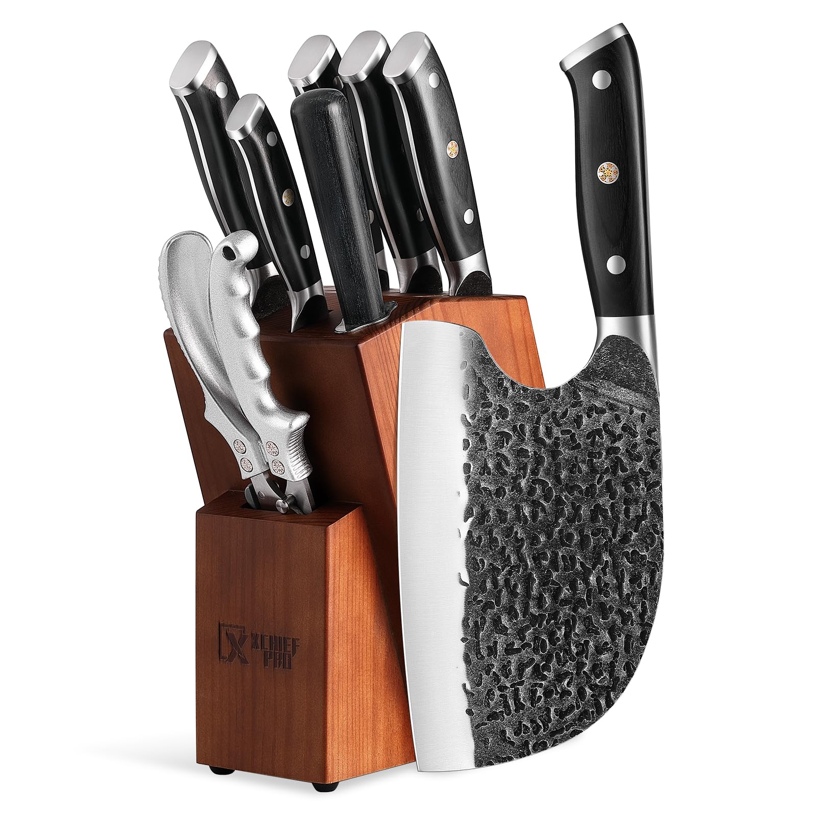 9 Pieces Knife Set with Block, Hand Forged High Carbon Steel Sharp Blade Cooking Knives Set with Holder for Kitchen, Block Chef Knife Set Professional, Best Gifts for Men Women