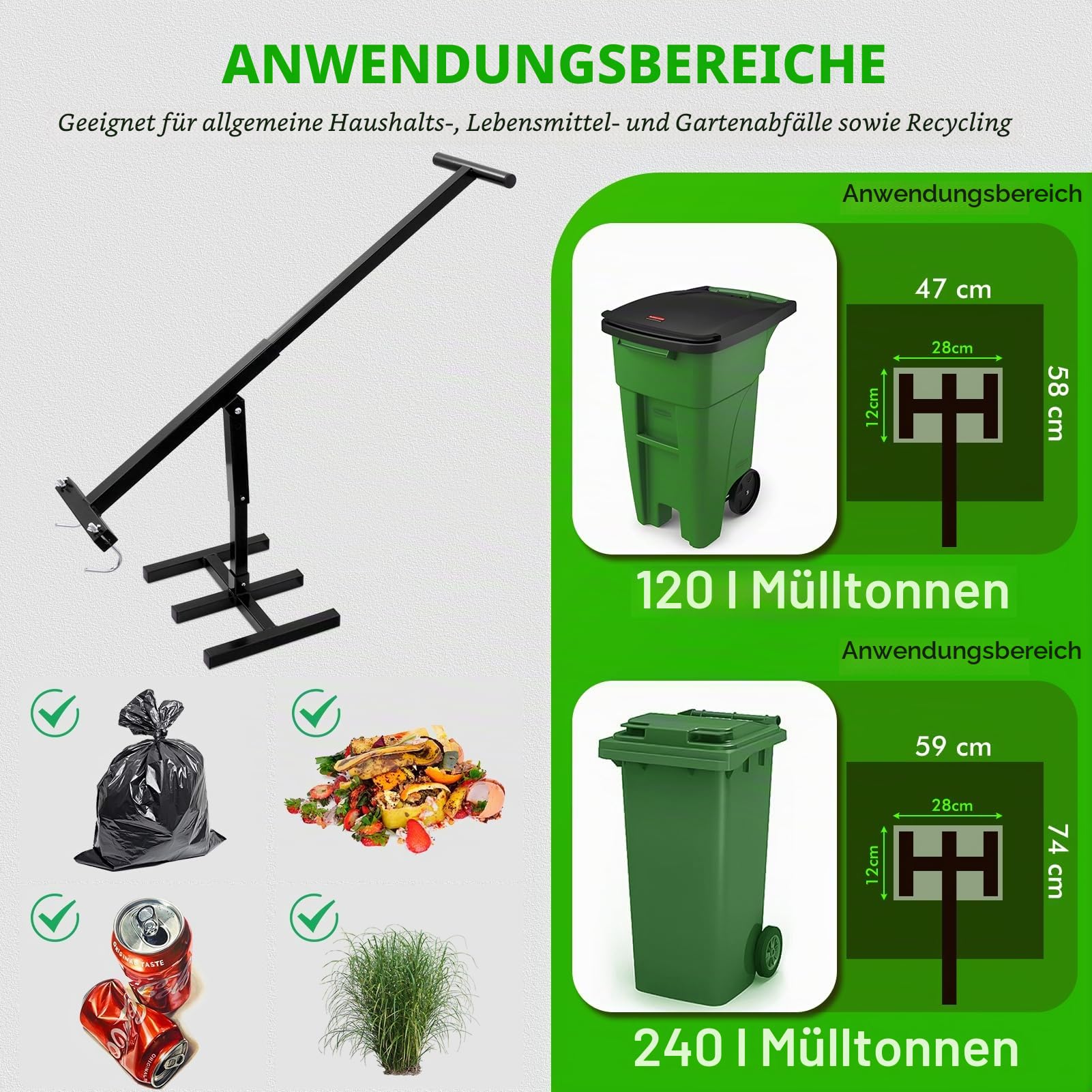 Mülltonnen-Verdichter, manuelle Müllpresse, allgemeine Abfallverdichtung, Outdoor, Mülleimer, Quetscher, Handwerkzeug, Gartenmülleimer, Booster & Recycling-Mülleimer, Abfall, 240 l, Schwarz