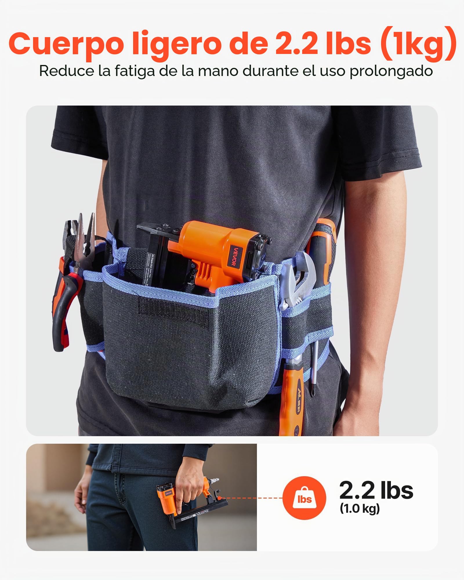 VEVOR Grapadora Neumática Calibre 22, Compatible con Grapas de Alambre Fino Serie 71, Ancho de Corona de 9,1 mm, Longitud de 4-16 mm, 4,8-7,6 bar, para Carpintería y Tapicería, 230 x 45 x 160 mm