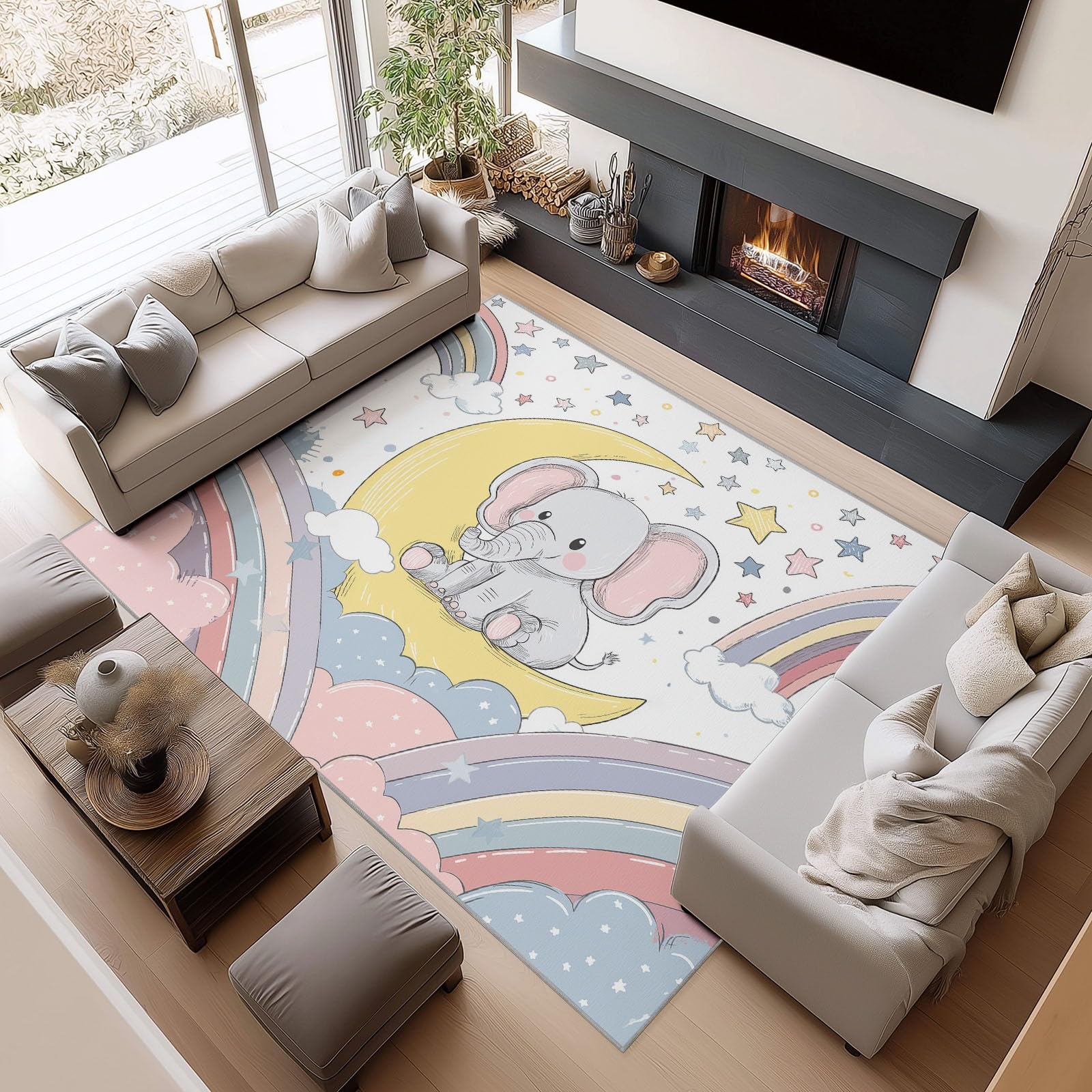 Tapis Salon Cartoon Lune Étoiles Éléphant Moquette Lavable en Machine avec Dessous Antidérapant, Tapis poils courts et moelleux Décoratif pour Chambre Cuisine Entrée et Maison Blanc, 160x230CM