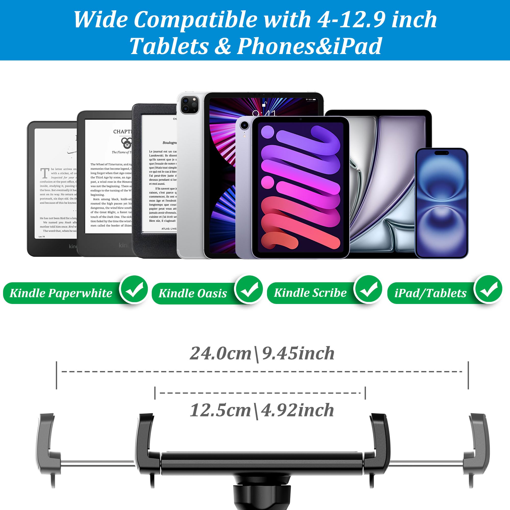 PlusAcc Supporto per Kindle a Collo di Cigno Regolabile per Lettura a Letto, Scrivania e Comodino, Compatibile con Kindle, Kobo e Tablet