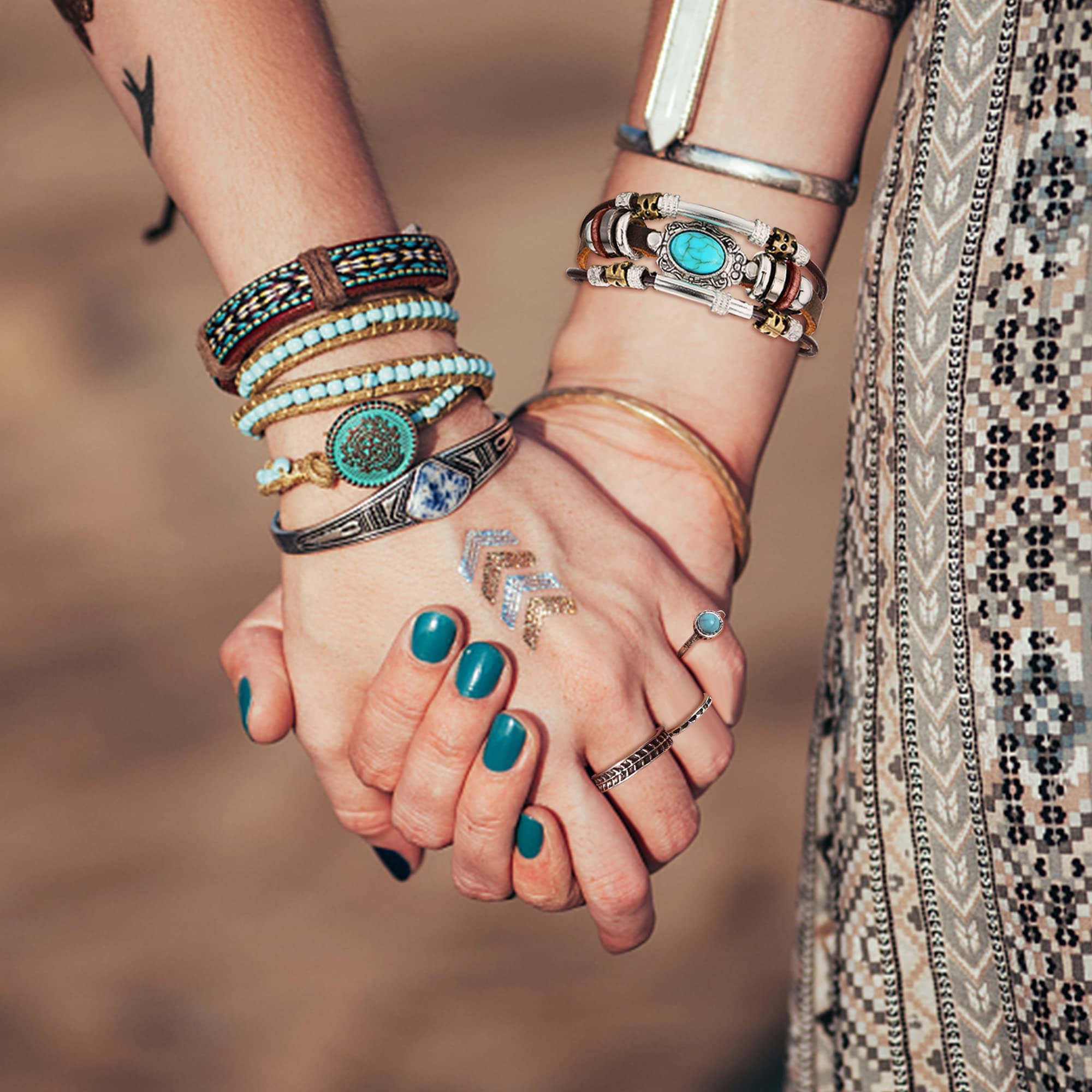 Milacolato Biżuteria zachodnia dla kobiet naszyjnik turkusowy wisiorek western drop kolczyki turkusowe sztuczne skórzane paski warstwowe Boho Knuckle Rings Set Bohemian Jewelry Set