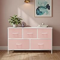 Vista 157 de OLIXIS Cómoda de 5 cajones para dormitorio, torre de almacenamiento de tela para sala de estar, entrada, marco de acero resistente, parte superior