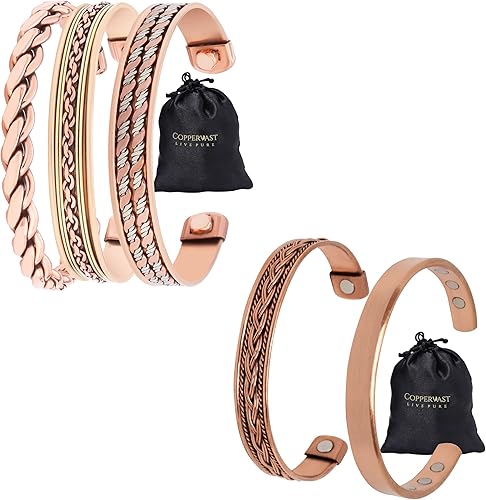 Juego de 3 + juego de 2 pulseras de cobre para mujer Alivio eficaz y natural para el dolor en las articulaciones Paquete, Ajustable, Cobre, No es