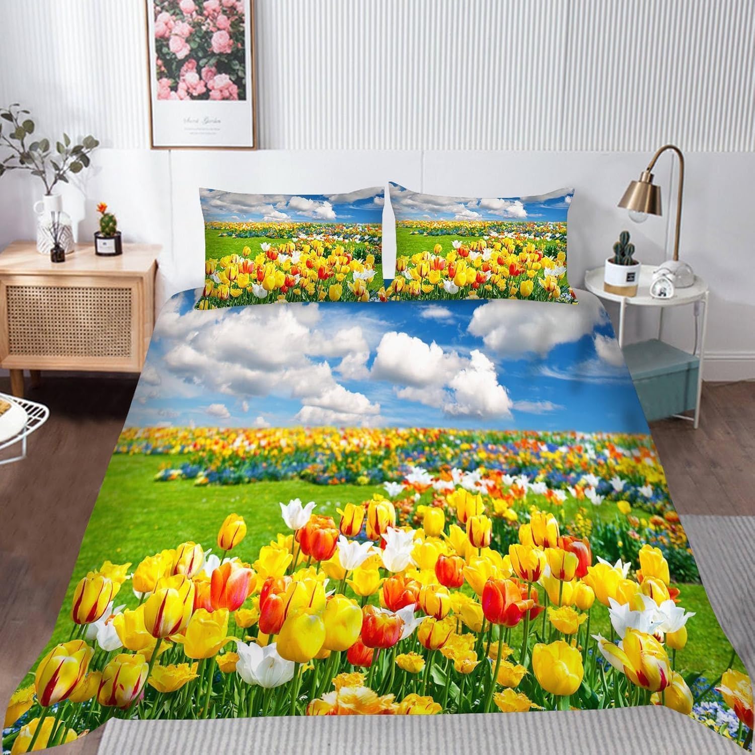 Poszwa na kołdrę 180 Tulipanów Poszwa na kołdrę 260x240 Widok na ogród 3D Poszewki na kołdrę Miękka mikrofibra 3-częściowa pościel z zamkiem błyskawicznym i 2 poszewkami na poduszki J-1169