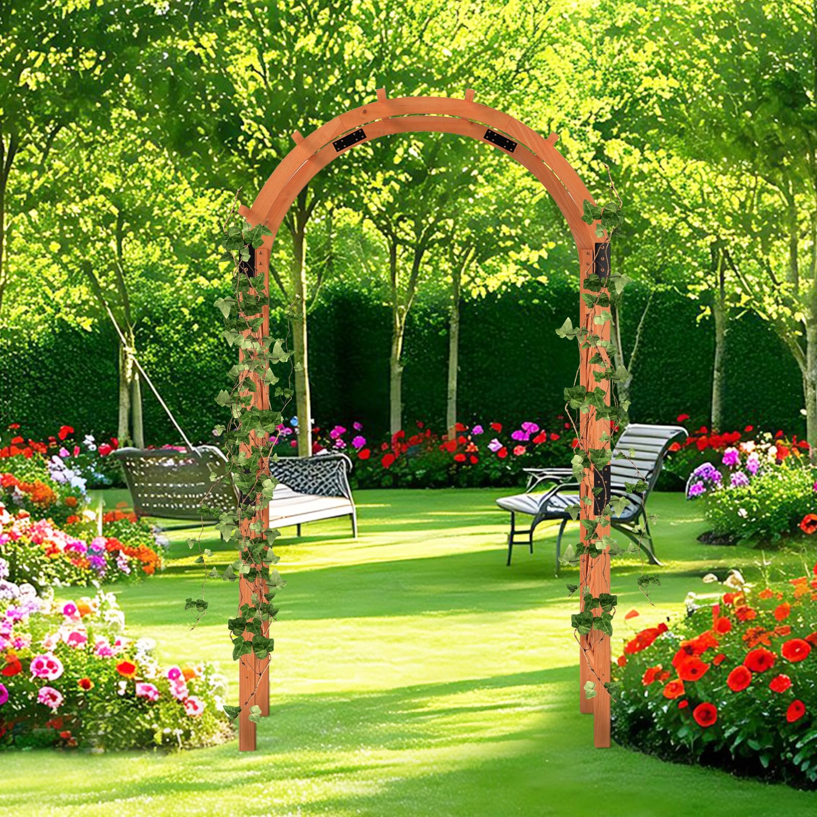 GOPLUS Rosenbogen aus Holz, 235 cm Gartenbogen für Kletterpflanzen, Torbogen mit Bogendach & Rankgitter, Rankkenbogen Pergola Hochzeitsbogen für Garten, Terrasse & Rasen Dekoration