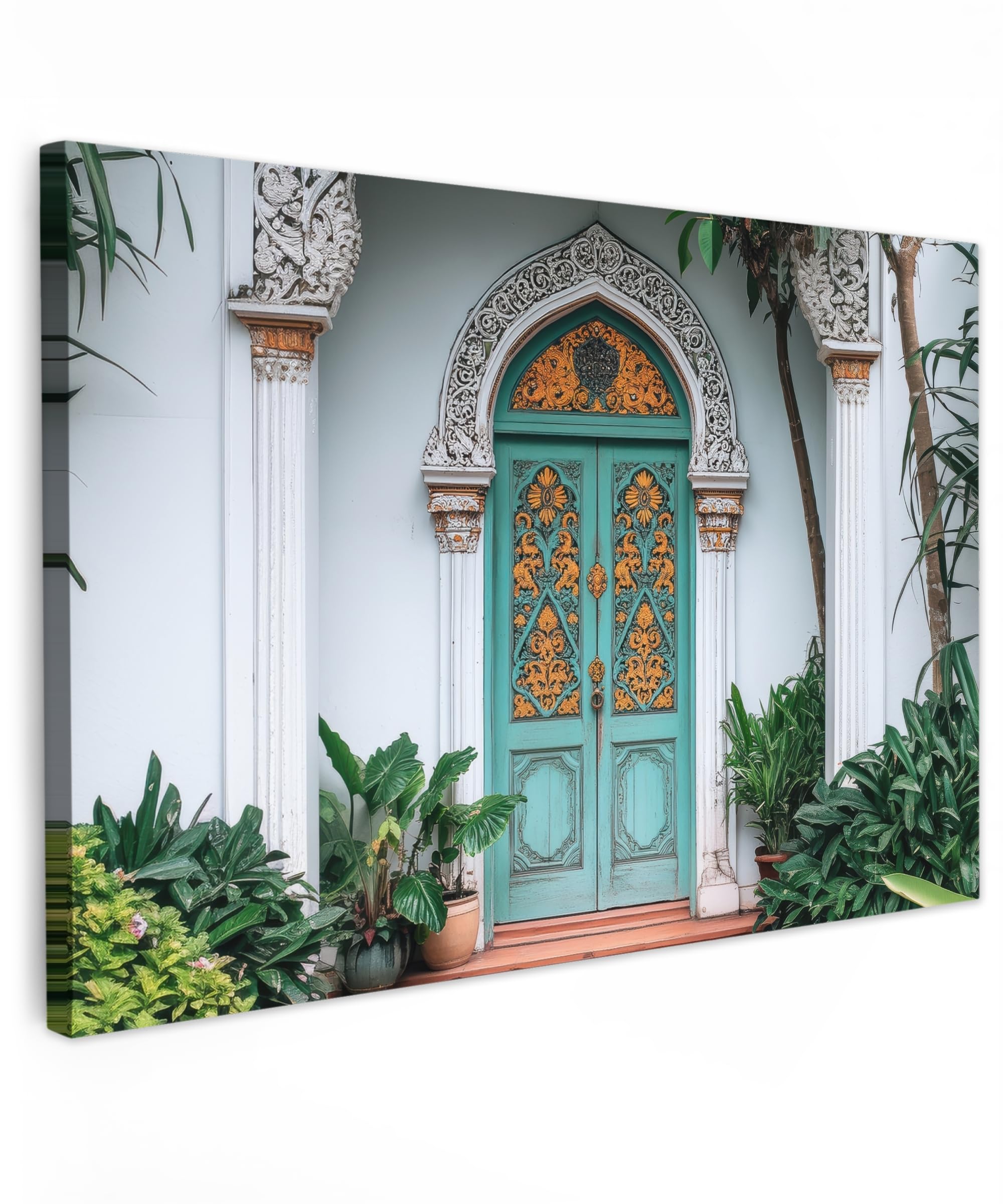 Outdoor Wandbild 150x100 cm Leinwand Für Draußen Gartendeko Terrasse Leinwandbilder Balkon Wandgemälde Deko Wetterfest Wall Art Tür - Muster - Pflanzen