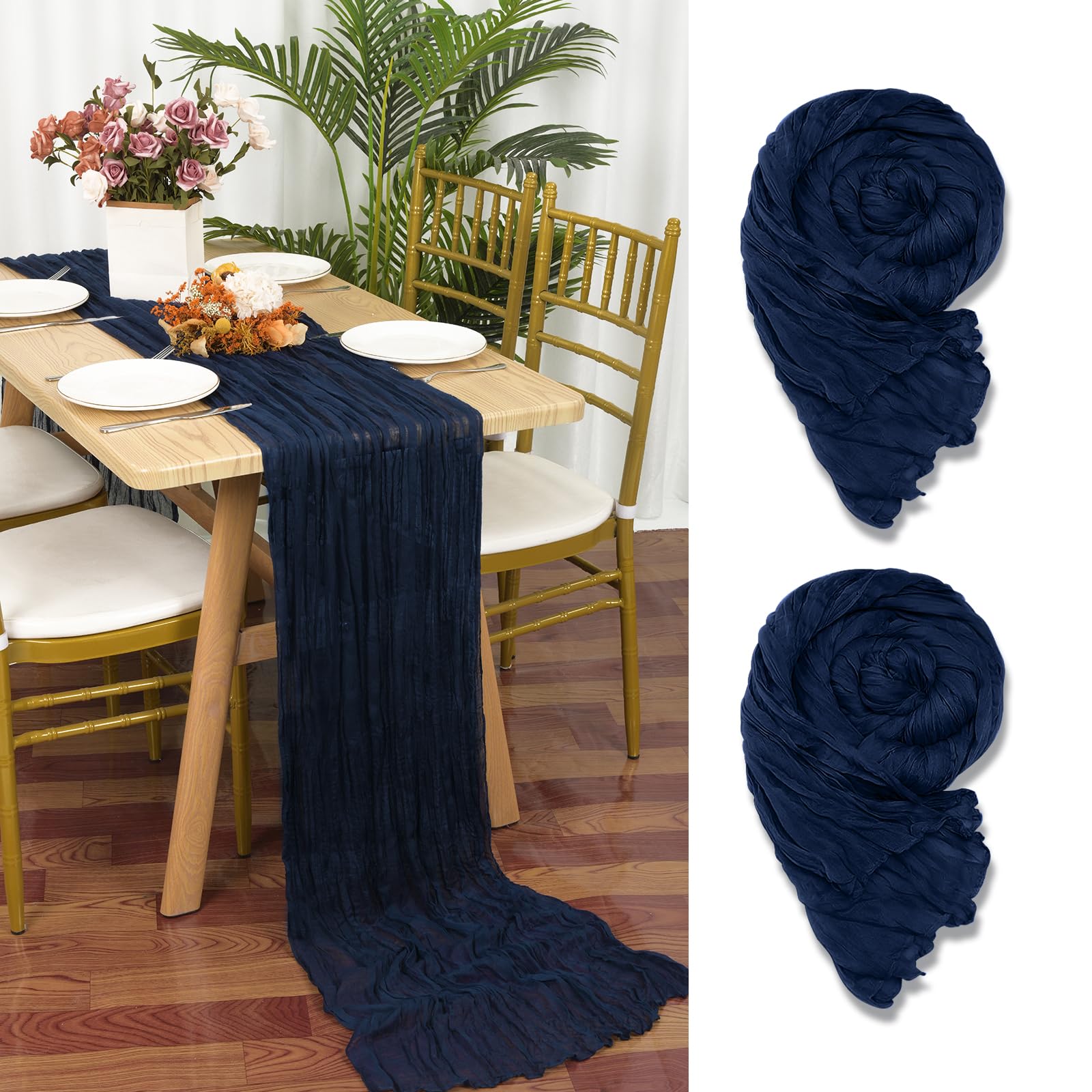 YMHPRIDE 2 Packs Cheesecloth Table Runner Navy Blue, 55x300cm Blue Rustic Gauze Fabric Boho Table Runner, Cheesecloth Wedding Table Decor for Wedding Party Bridal Shower Table Decorations