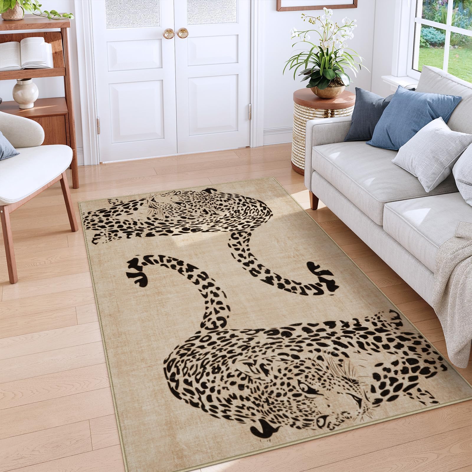 OJIA Leopard Print 5x7 Rugs for Living Room, Soft Ultra-Thin Washable Area Rugs for Bedroom Non-Slip Neutral Rug Non-Shedding Indoor Carpet Kids Rugs