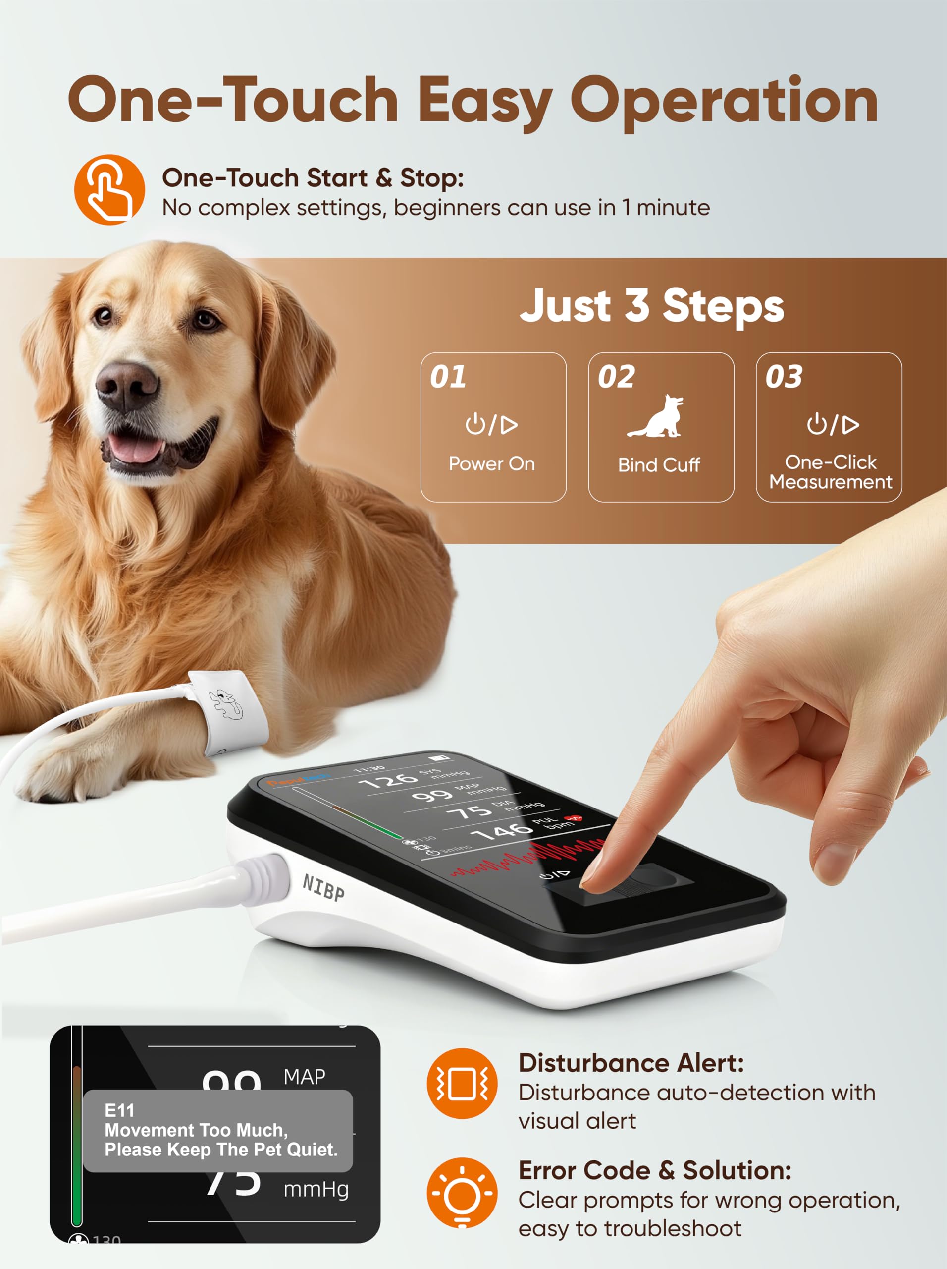 Monitor de Presión Arterial Veterinario, Máquina Digital Automática de PA para Perros y Gatos, Operación Silenciosa, Pantalla LCD de 3.5 Pulgadas y Memoria para 1000 Conjuntos de Datos