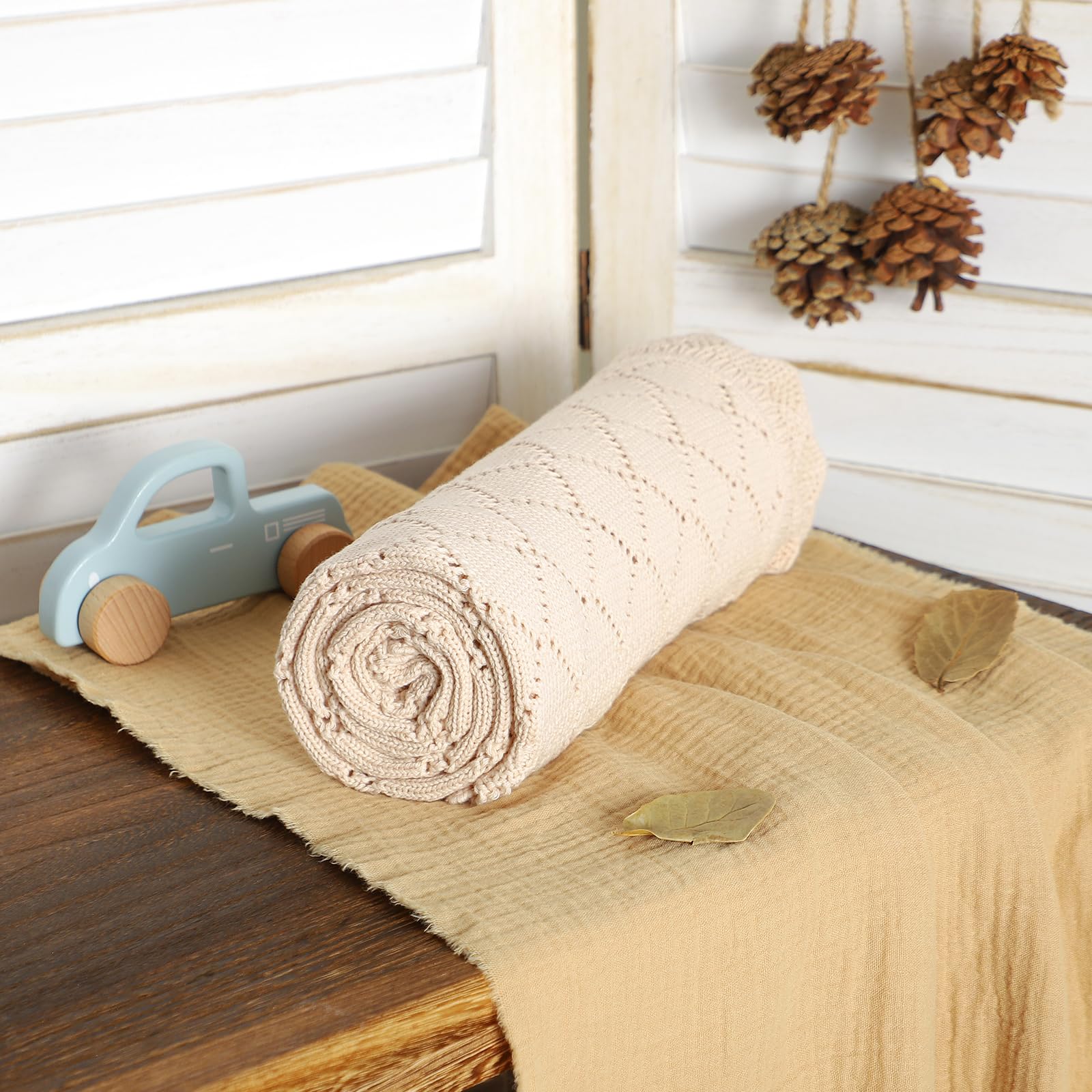 mimixiong Cotton Cellular Baby Blanket Soft Lace Cozy Baby Blankets for Newborn Boys Girls (Light Camel), 100x80 Centimetres - Image 2