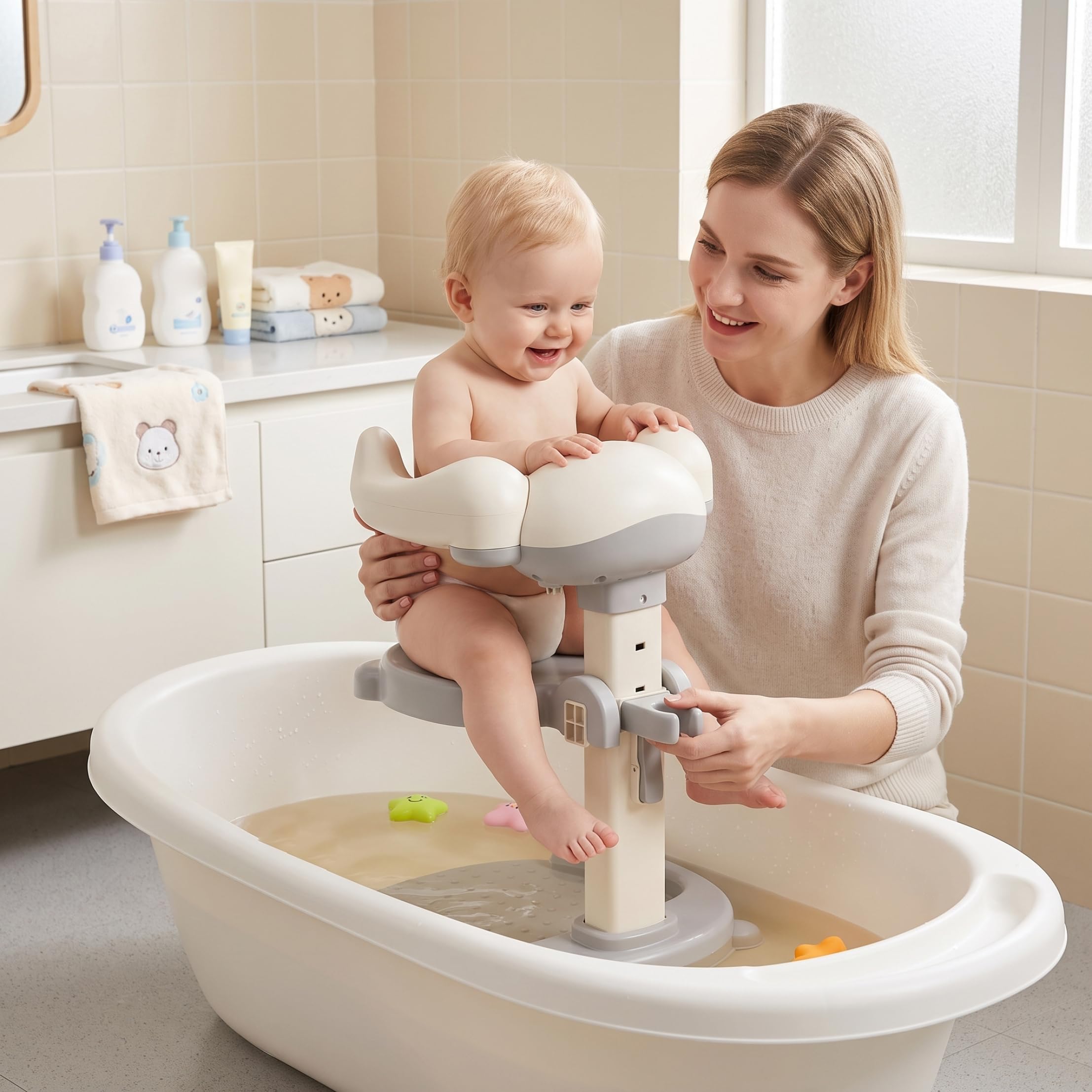 Baby-Stehdusche, verstellbarer Baby-Badewannenständer mit rutschfester Basis und abnehmbarem Sitz, grau