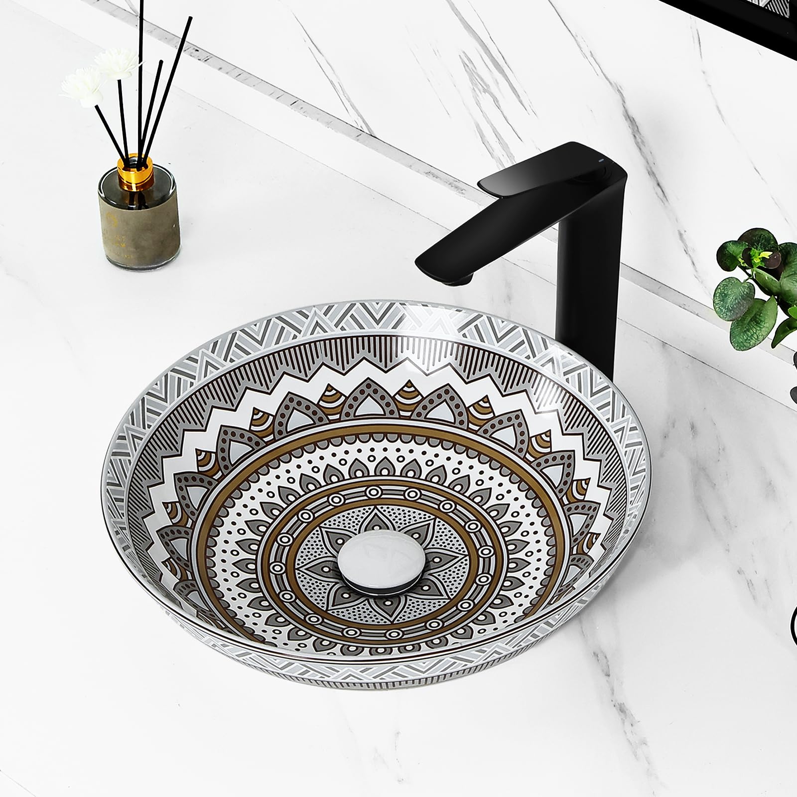 Tysun Round Vessel Sink, 16'' x 16'' Round Shape Bathroom Vessel Sink Countertop, Above Counter Porcelain Ceramic Vessel Sink Basin with Pop-Up Drain