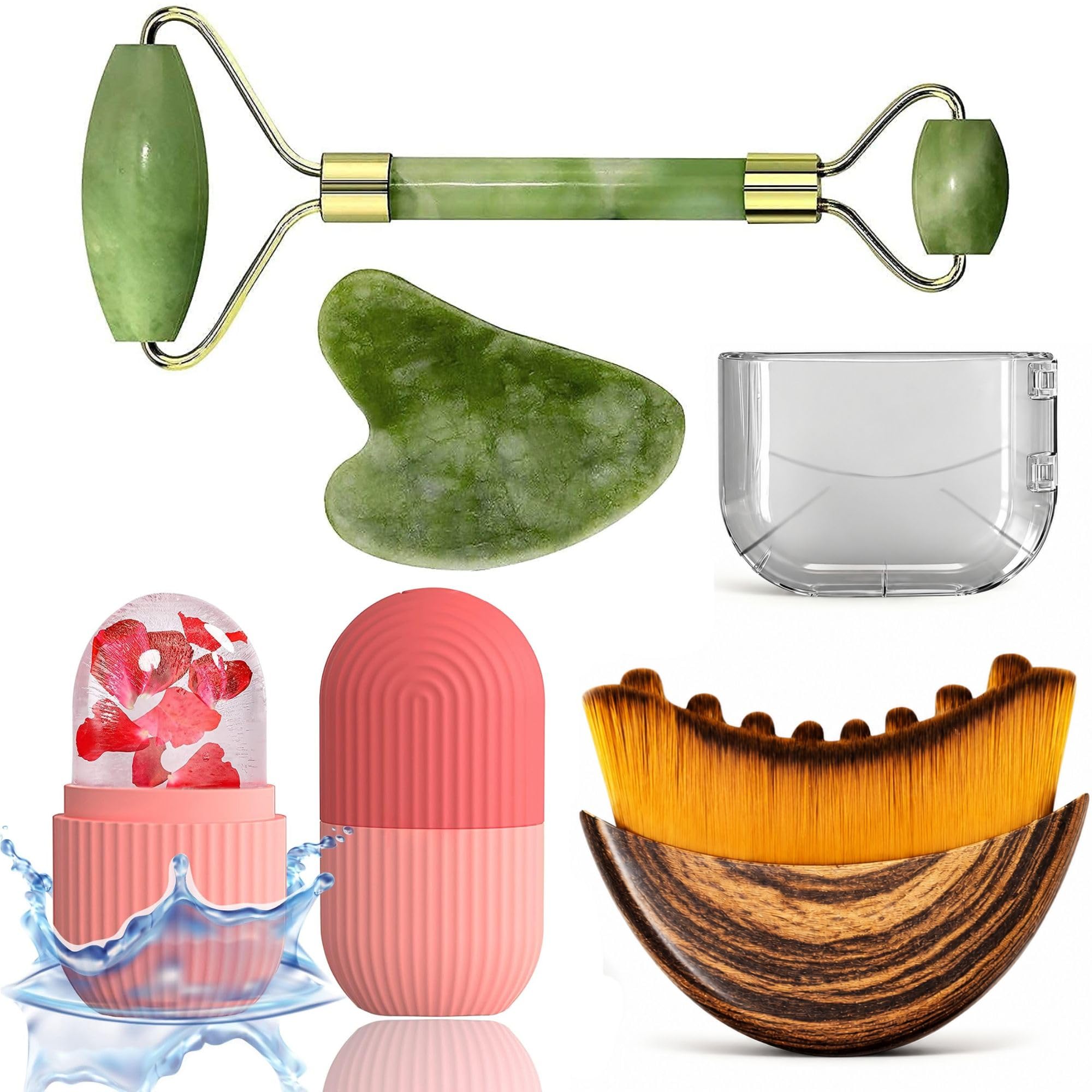 4in1 Face Massager Brush Kit w Lymphatic Contour Face Brush, Jade Roller, Gua Sha & Ice Roller for Jawline, Chin & Neck, Reduce Puffiness, Detox Sculpting & Lift, Soft Bristles, Improve Skin Glow-picture-33