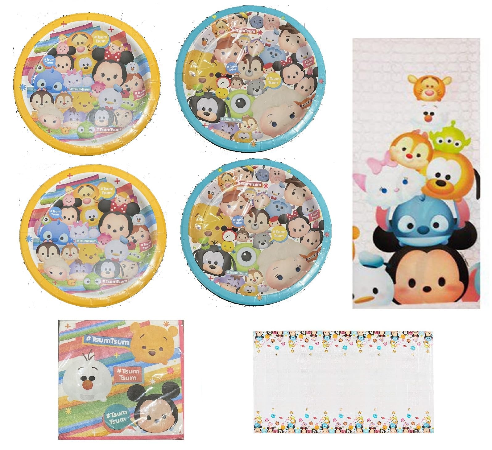Tsum Tsum Birthday Party Supply Bundle includes 16 Dessert Cake Paper Plates, 16 Lunch Plates, 16 Lunch Napkins, 1 Table Cover, 1 Dinosaur Sticker Sheet