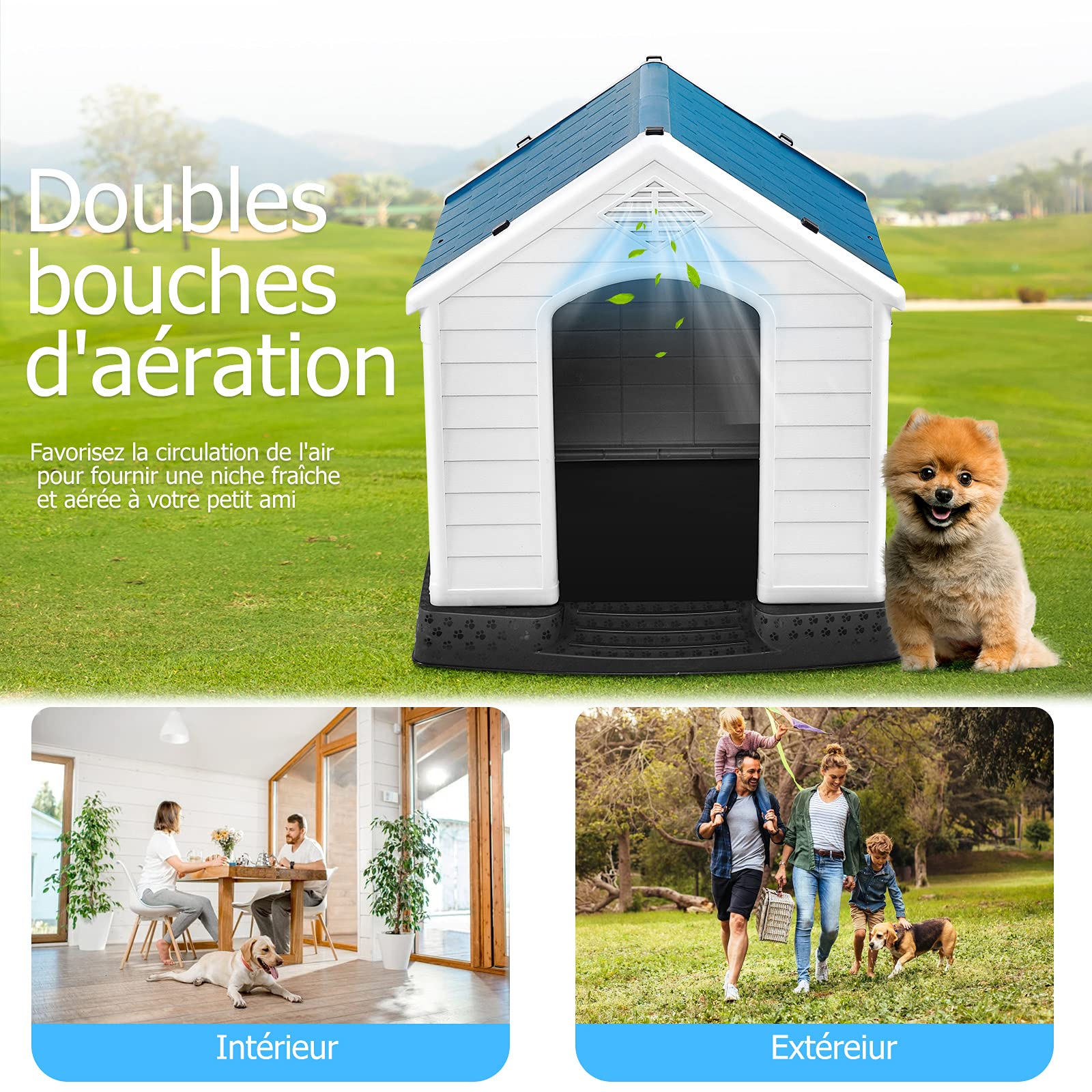GOPLUS Niche pour Chien en Plastique avec Trous de Ventilation et Plancher Surélevé, Maison pour Chien avec Toit Étanche, pour Utilisation Intérieure et Extérieure (Bleu, M)