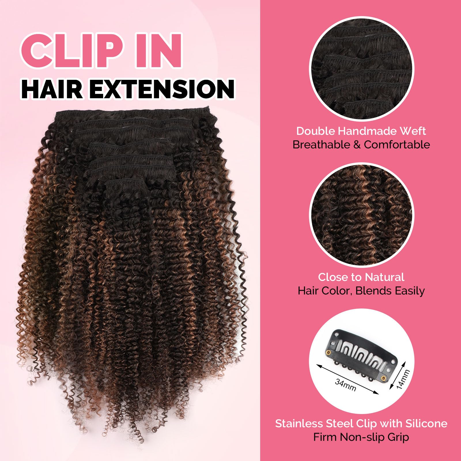 Yuniffe Afro Curly Clip in Human Hair Extensions for Black Women 4A Culry Clip ins Natural Black Color to Black #1B Mixed With Medium Auburn #30 Double Weft Remy Hair Extensions 20 Inch 7Pcs 120g - Image 3