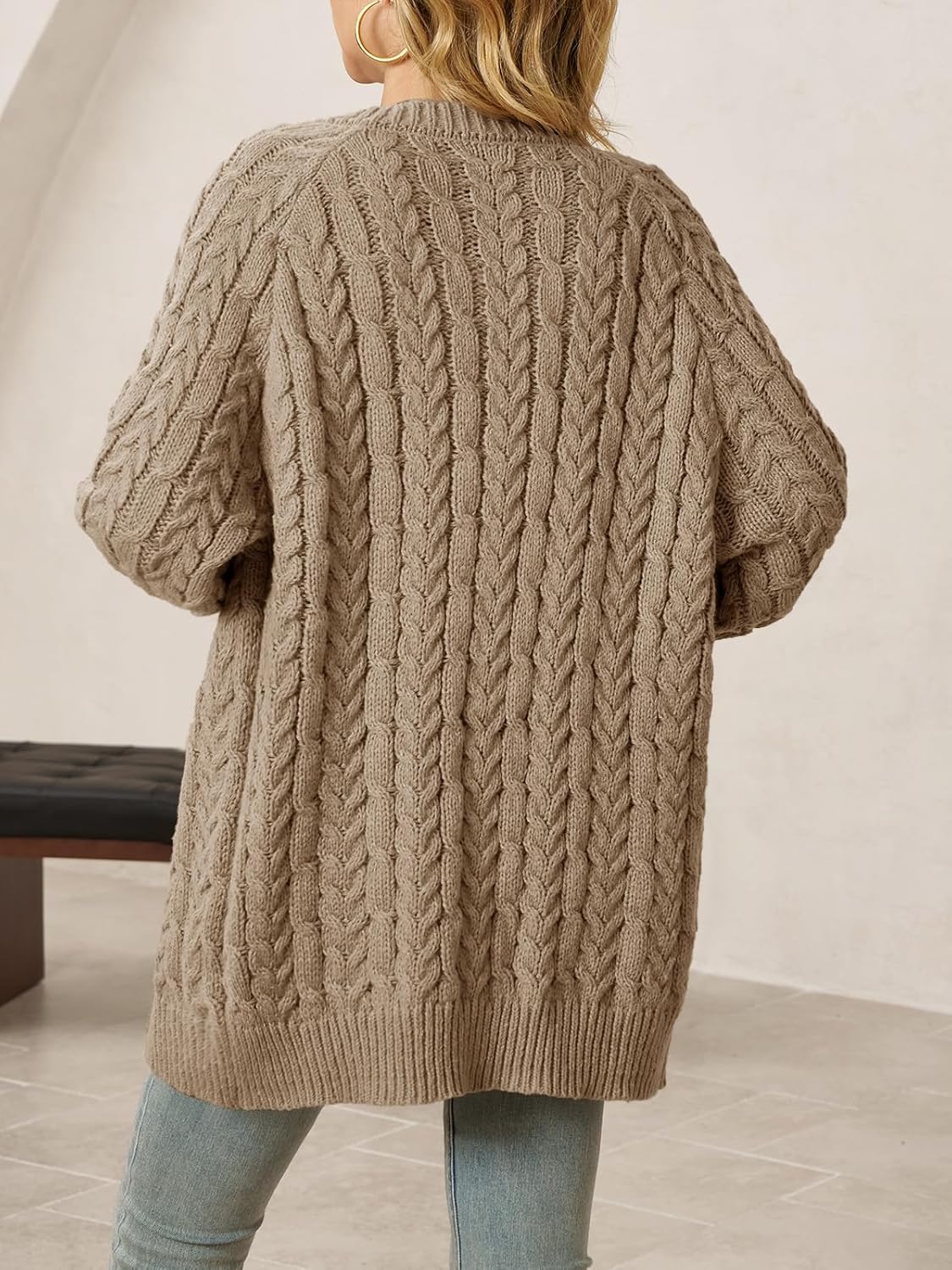 Saodimallsu Womens Cable Knit Cardigans Oversized Chunky Button Down Long Lantern Sleeve Crew Neck Warm Sweater Dress - Image 5