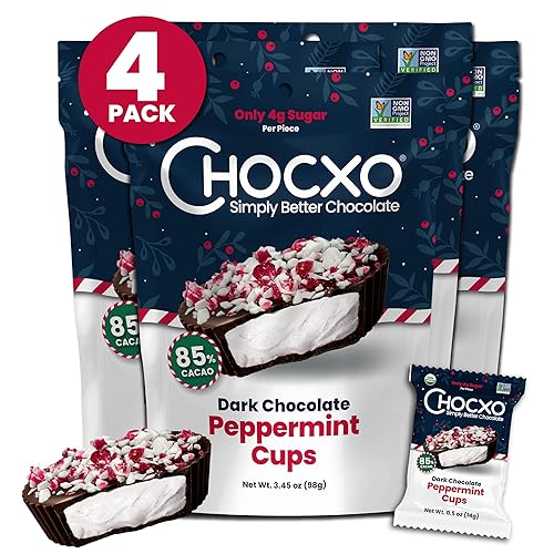 Miniatura 1 de Chocxo Tazas de menta de chocolate negro - 85% chocolate negro con cacao con centro de menta cremosa, cubierto con piezas de bastón de caramelo.