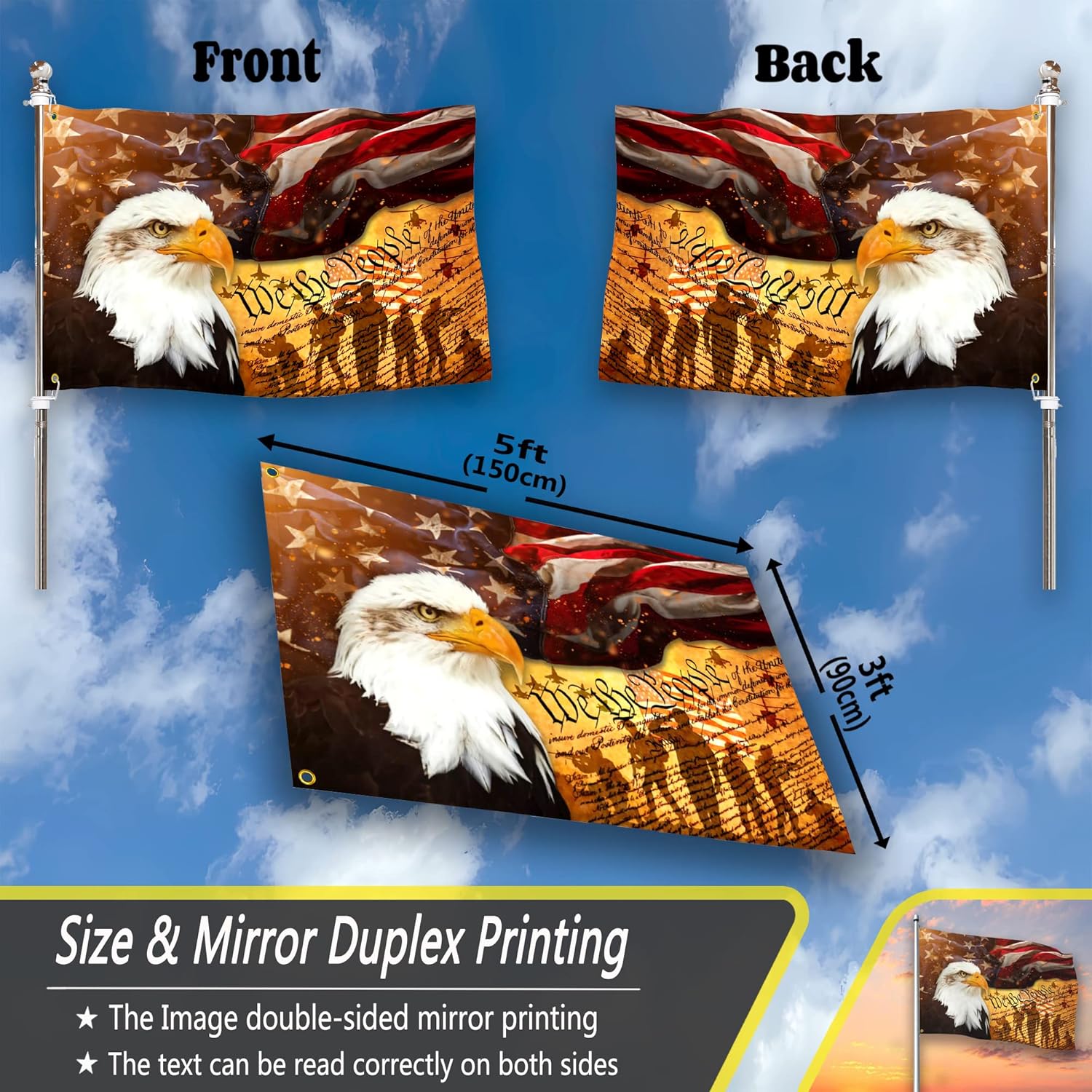 We The People American Flag 3x5 Ft Memorial Day 4th of July Independence Day Flag Polyester Mirror Printing for Outdoor House Yard Indoor, Bald Eagle Amrican Flag Patriotic Freedom Flag Banner Decor - Image 3