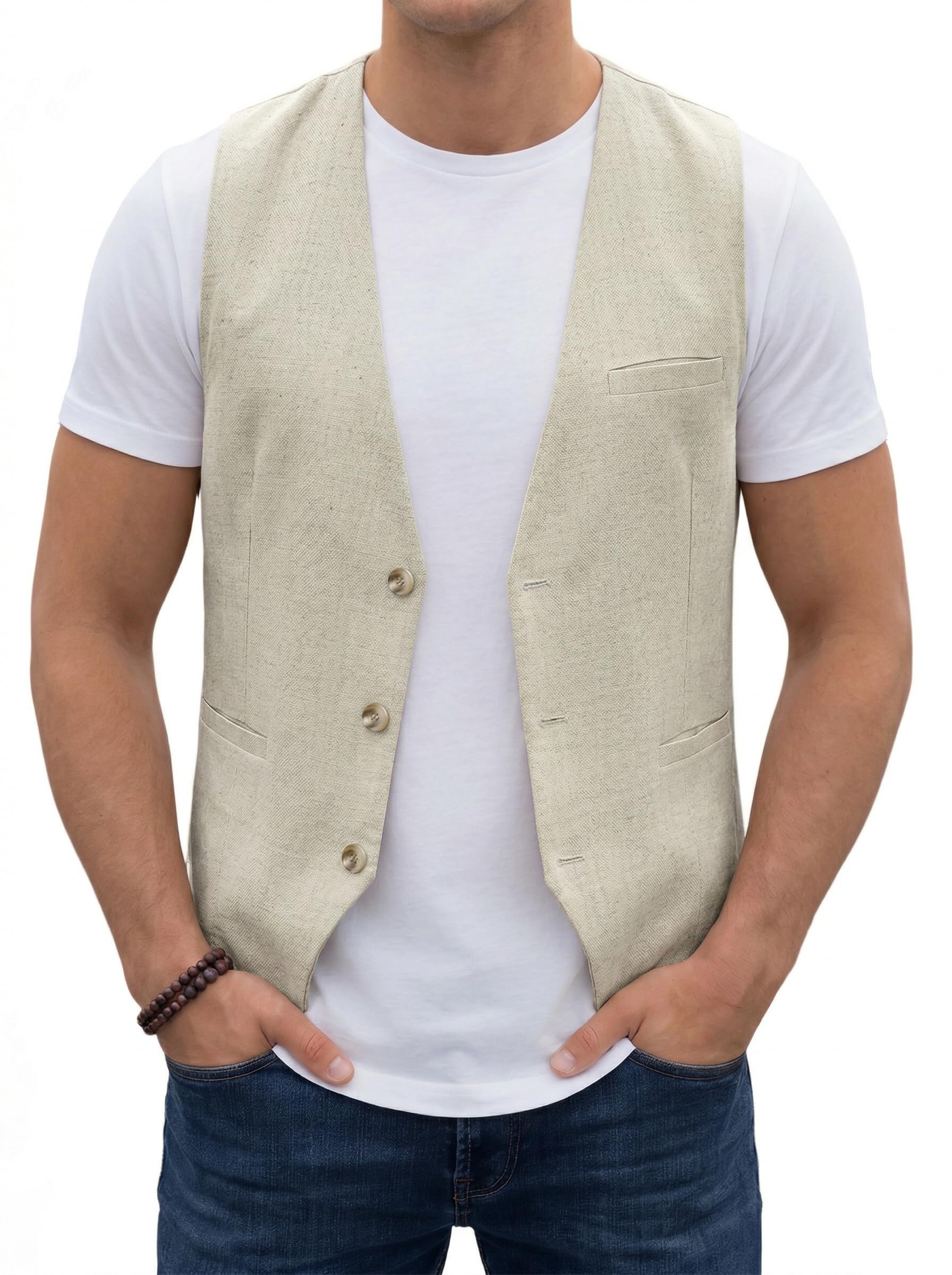 HISDERN Chaleco de hombre de verano de algodón y lino para traje ideal para bodas fiestas y negocios con bolsillos