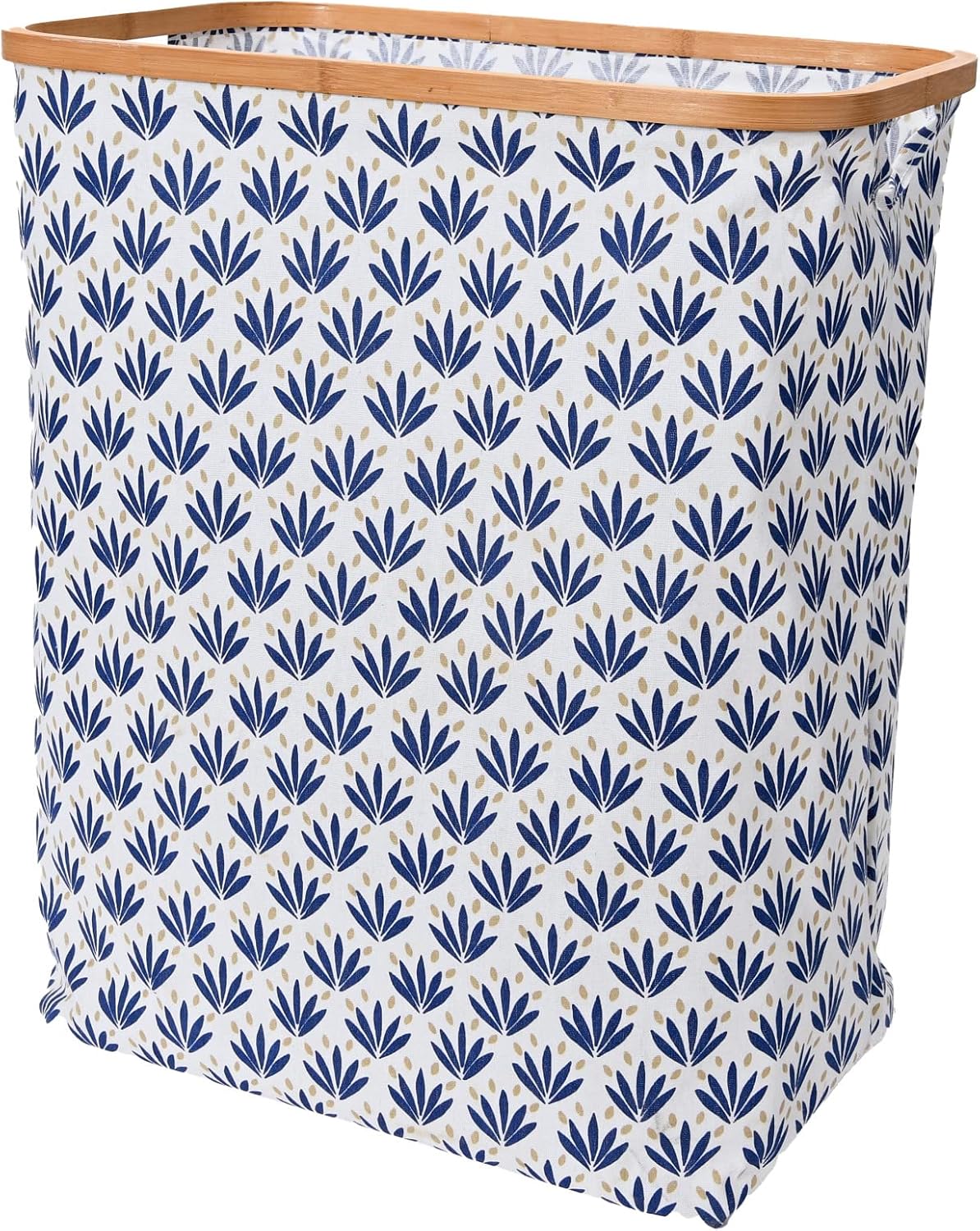 Household Essentials Bamboo Rimmed Rectangle Krush Hamper with Cutout Handles, Blue Cacti