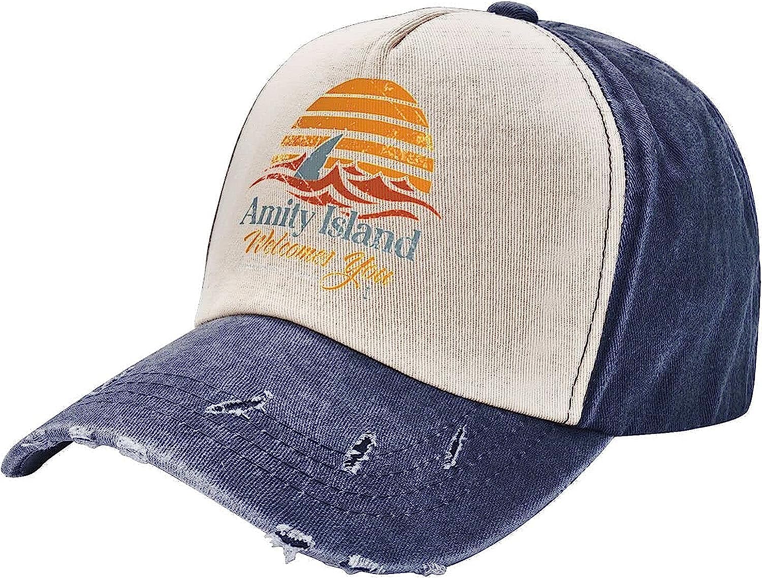 Fifbird Unisex Navy Blue Jaws Amity Island Hats Distressed Baseball Caps Washed Dad Trucker Denim Cowboy Hat