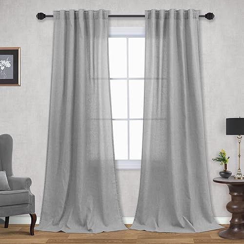 Miniatura 35 de Mrs.Naturall Cortinas transparentes verde esmeralda oscuro, cortinas de lino verde bosque para sala de estar, 63 pulgadas de largo, cortinas verdes