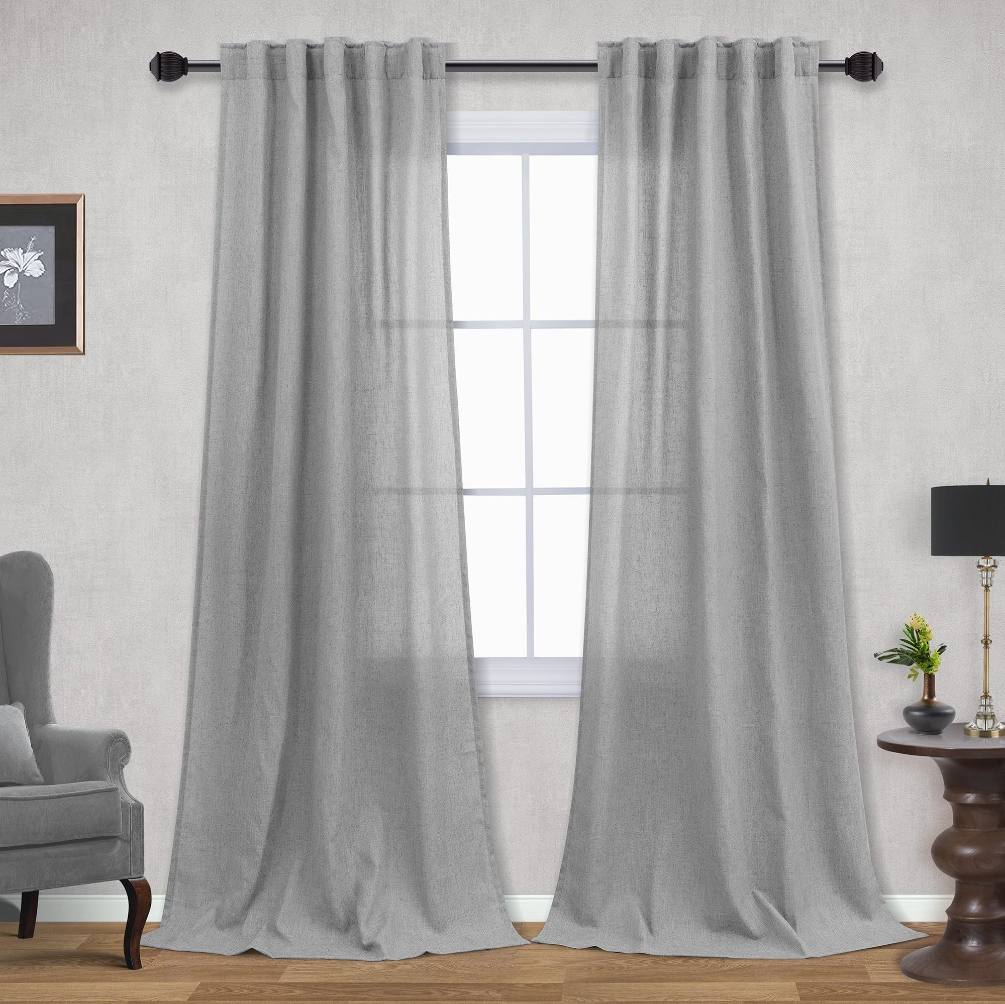 Mrs.Naturall Grey Linen Curtains for Living Room 42x84 Inch Length 2 Panels Set, Back Tab Light Gray Sheer Curtain Drapes 84 Inches Long for Bedroom Home Office