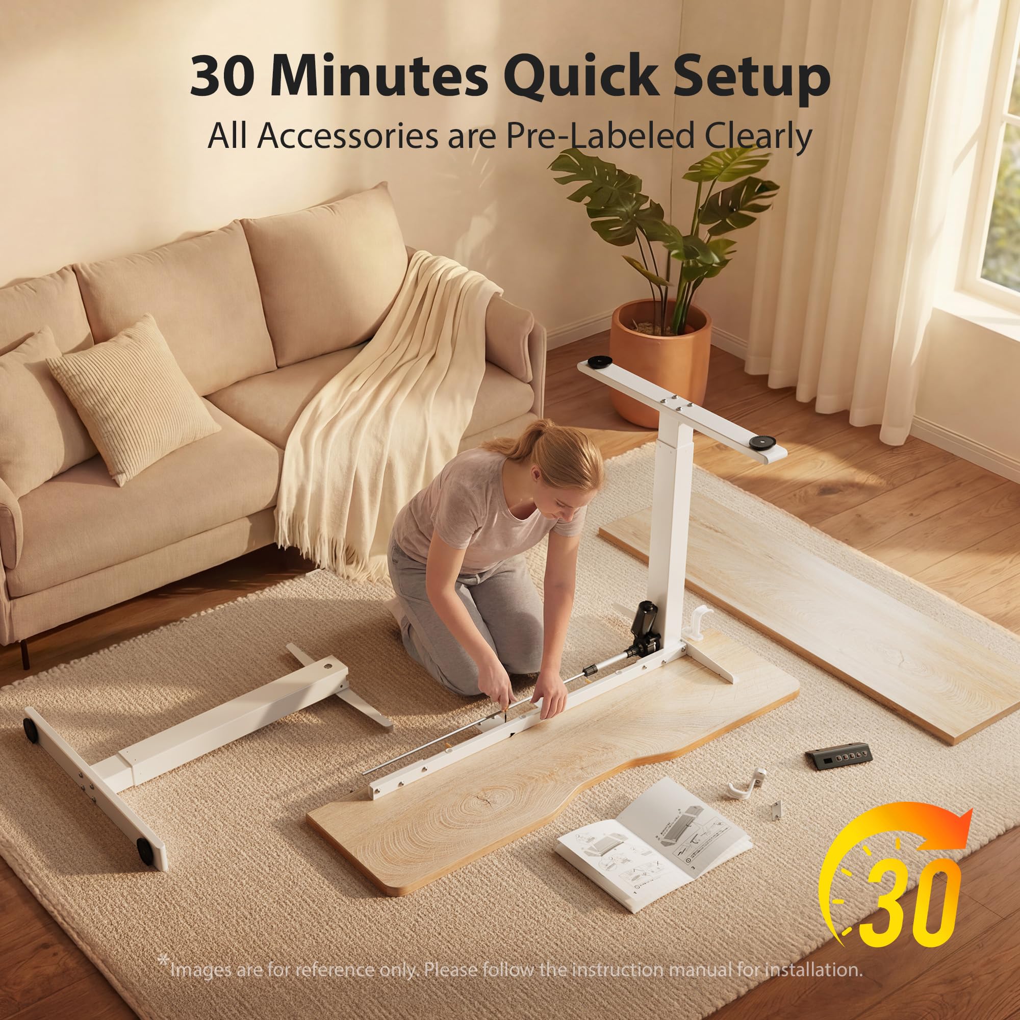 Cubiker Standing Desk, 48x24 Inches Sit Stand Home Office Desk, Electric Stand up Desk, Adjustable Desk with Splice Board, White Frame/Maple Top view 8