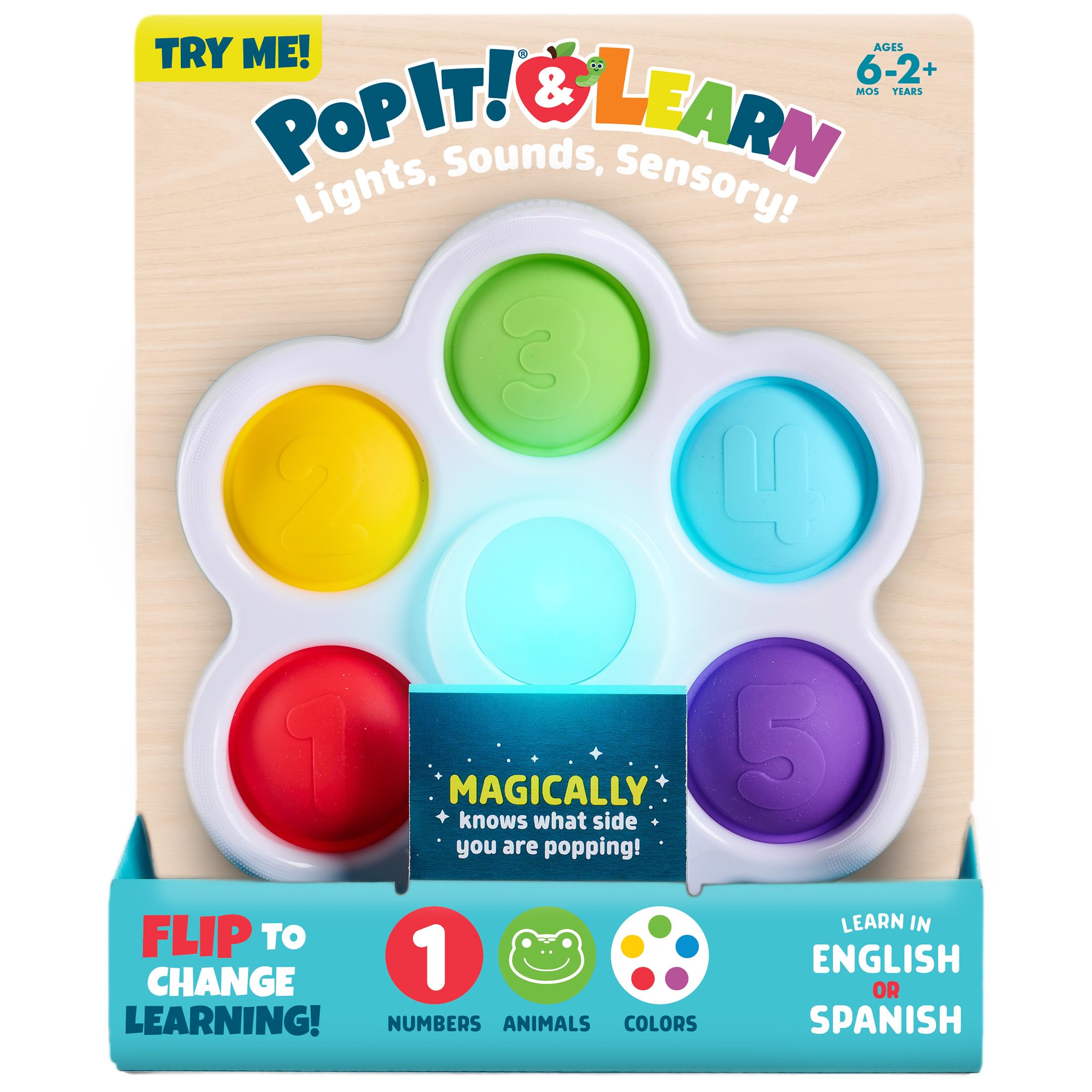 Chuckle & Roar - Pop It! and Learn - Educational and Electronic Popping Toy - Learn Numbers & Letters in Spanish or English - Great for Ages 6 Months to 2 Years