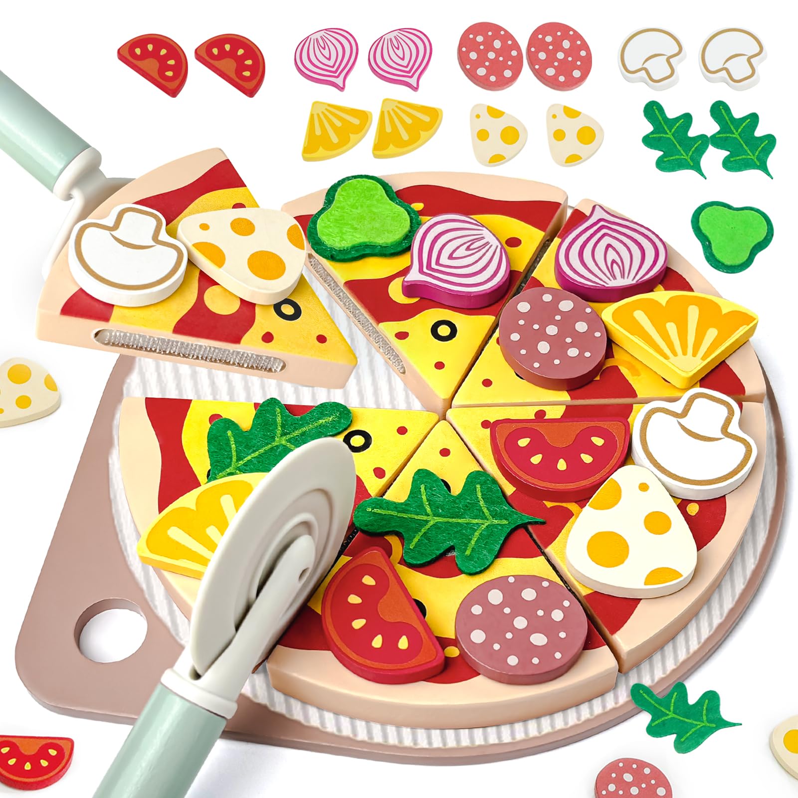 Masonbaby Wooden Pizza Toys for Kids Cutting Play Food,25Pcs Pretend Play Pizza for Kids Ages 3+,toddler Pizza Playset Pretend Play Kitchen Accessories,Play Pizza Set Wood Cooking Toys Birthday Gift