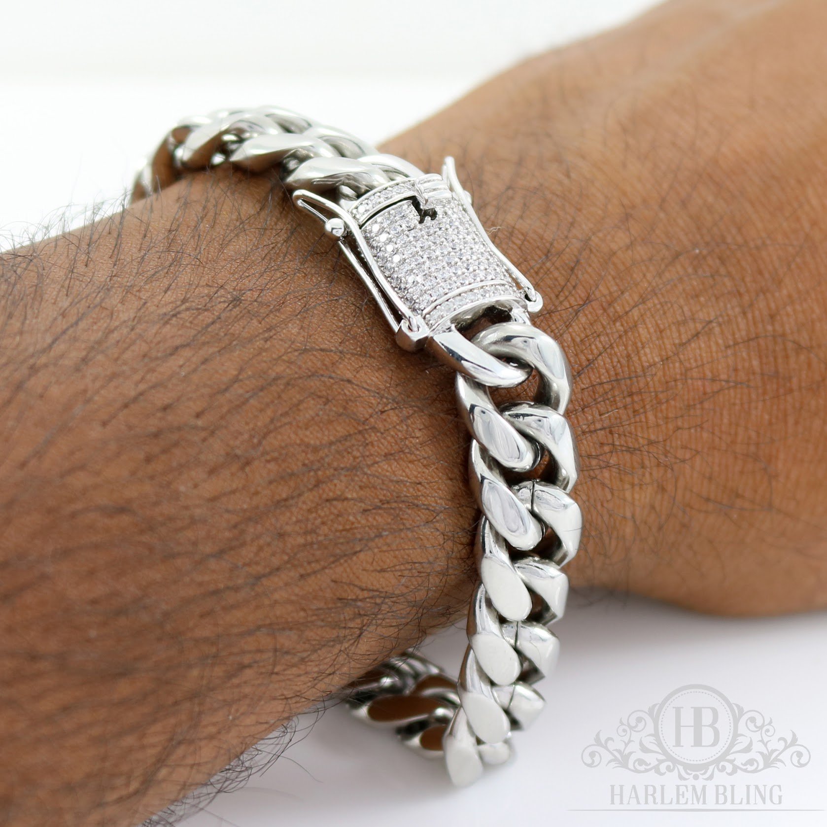 Pulsera de eslabones cubanos de 8 mm de 8,5 pulgadas de acero inoxidable chapado en oro blanco de 14 quilates, plata 925 con cierre de diamante de laboratorio de 1 ct
