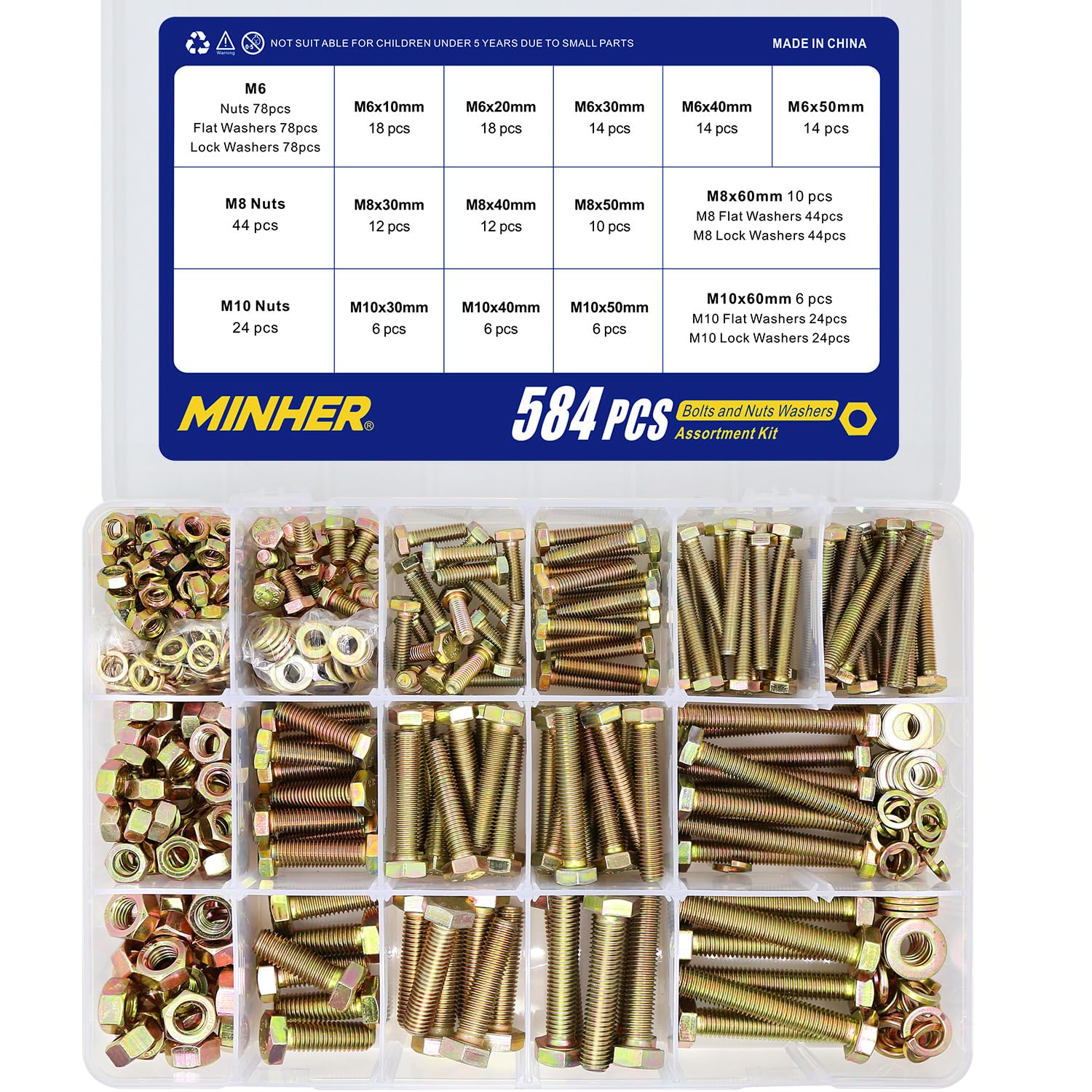 MINHER 584 pieza M6 M8 M10 de Tornillos Hexagonales y Juego de Tuercas y Arandelas, Acero Aleado Galvanizado de Grado 8,8