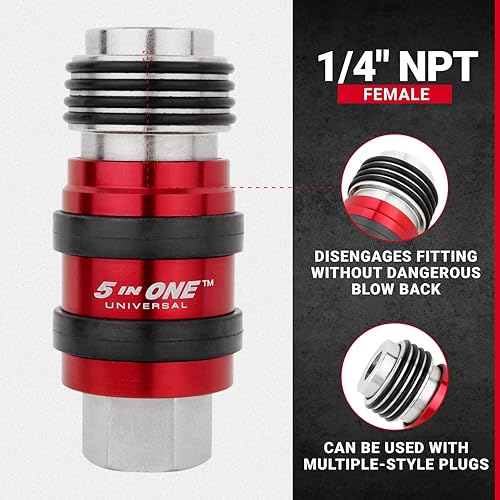 Miniatura 2 de Milton Acoplador industrial universal de conexión rápida 5 en uno, NPT hembra de 1/4 pulgadas, conexión de manguera de aire, acoplador de escape de