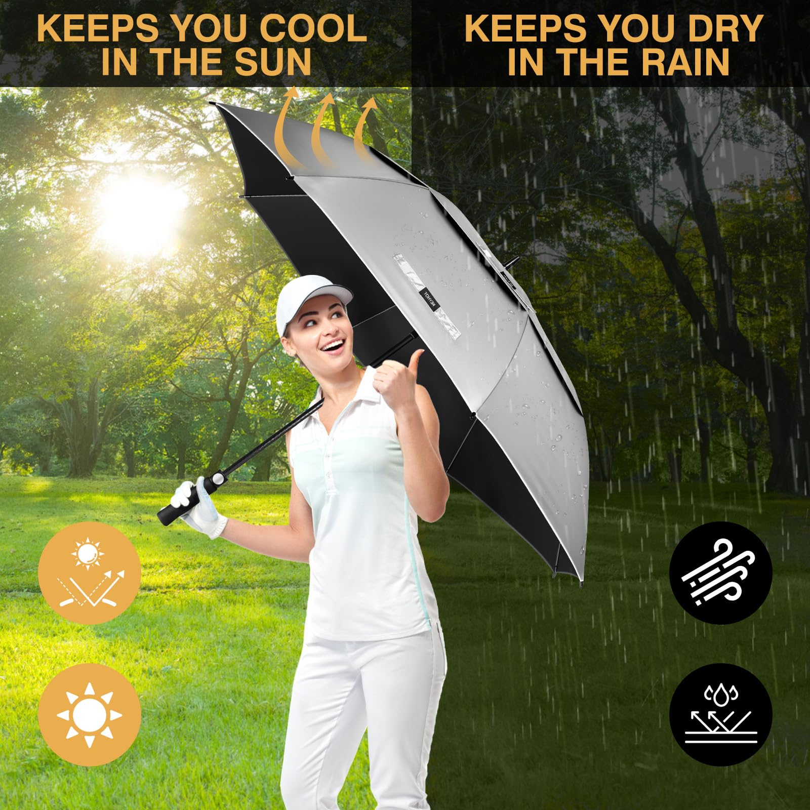 Grand Parapluie Golf Anti-UV - Anti Retournement Anti Vent Parapluie De Golf Automatique - XL/XXL Parapluies De Golf Anti UV 50 - Ombrelle Soleil Homme Femme