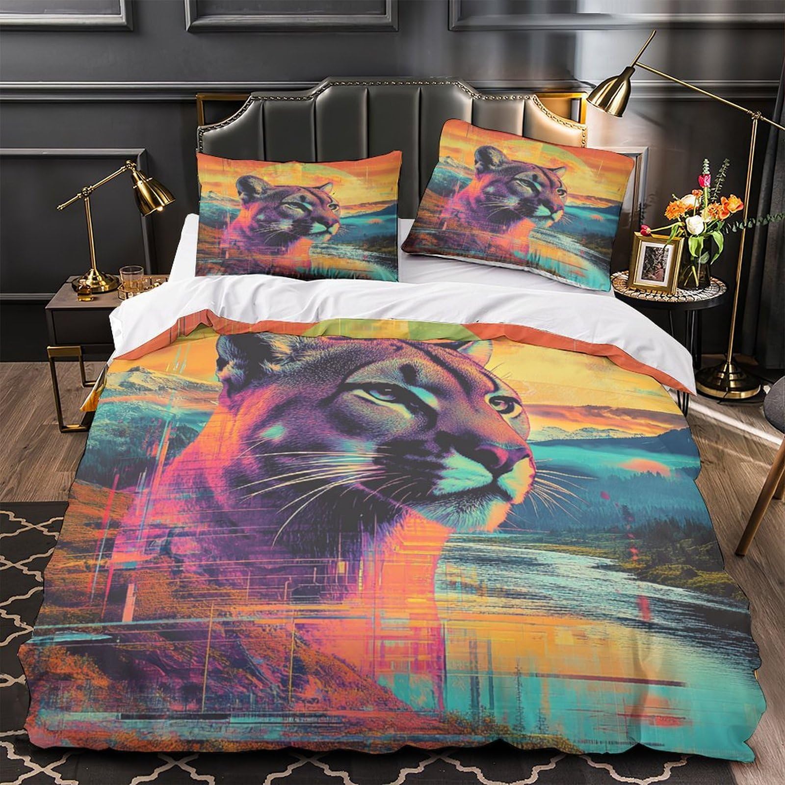 Housse de couette chat sauvage 3D anti-plis en microfibre lavable avec fermeture éclair
