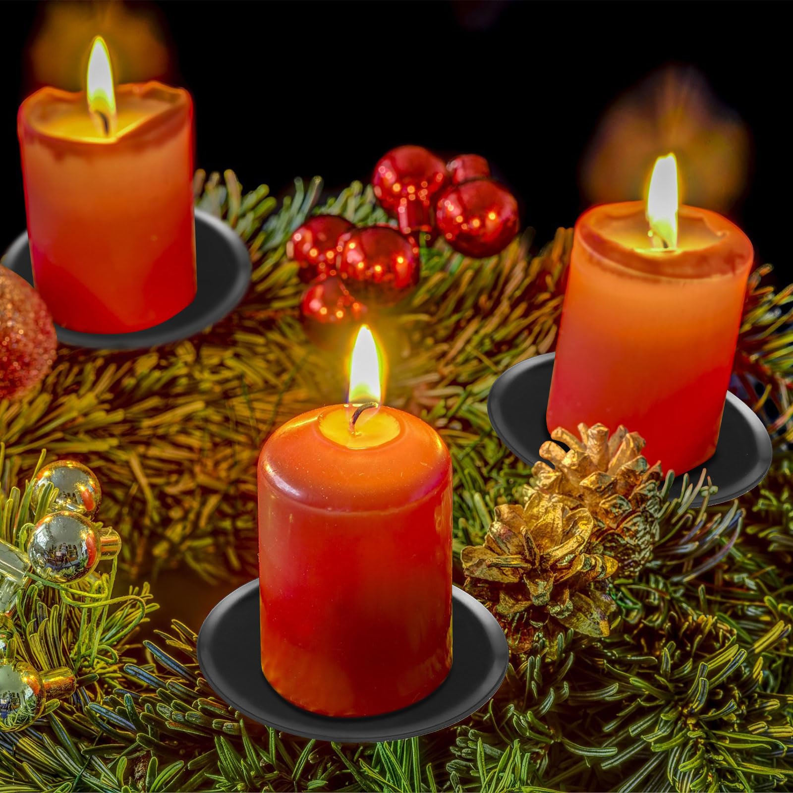 4Pcs Support Bougie en métal, Ø 8cm Bougeoir Noir pour Bougies de l'Avent, Assiette à Bougie Couronne de l'Avent avec épine, Décoration de Table de Noël, pour Décorer des Couronnes