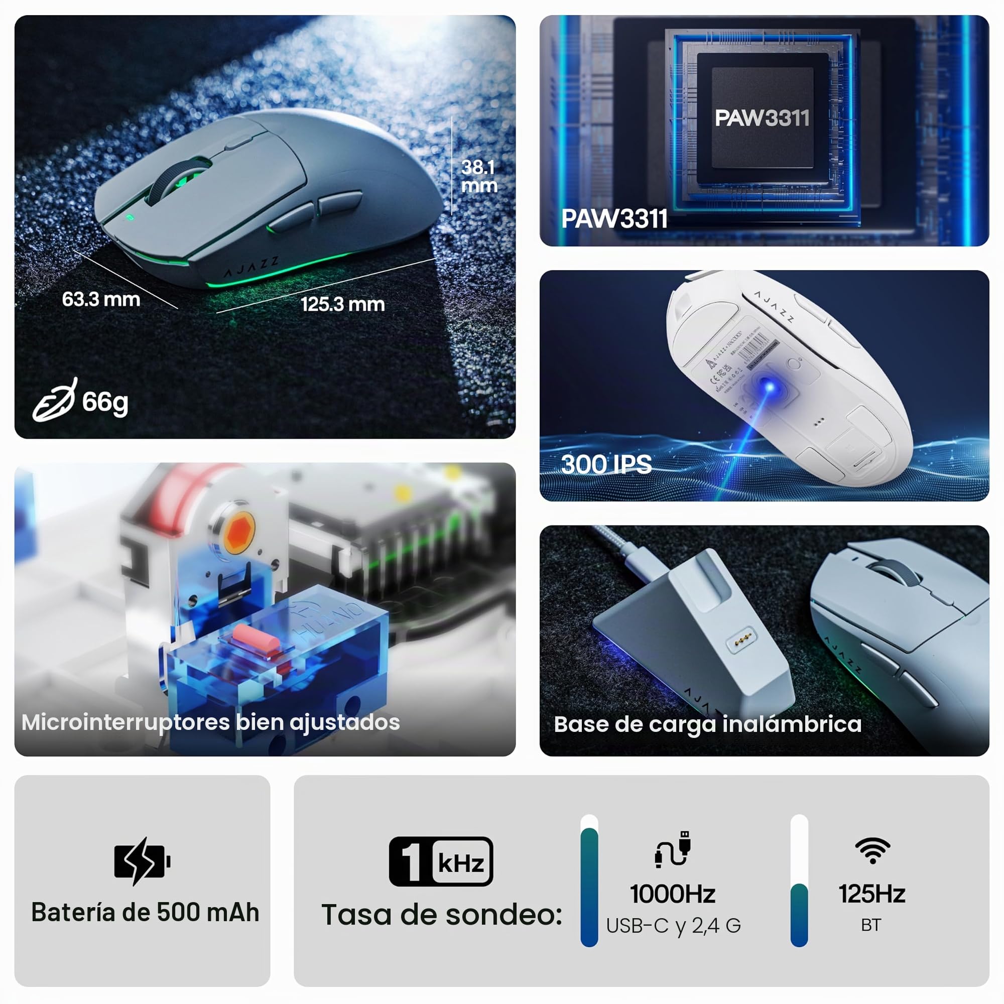 MechLands AJAZZ AJ139 V2 MC ratón para juegos con base de carga, DPI ajustable de 12.000, sensor PAW3311, ratón inalámbrico de 3 modos, batería de 500mAh, tasa de sondeo de 1000, 66g de peso ligero