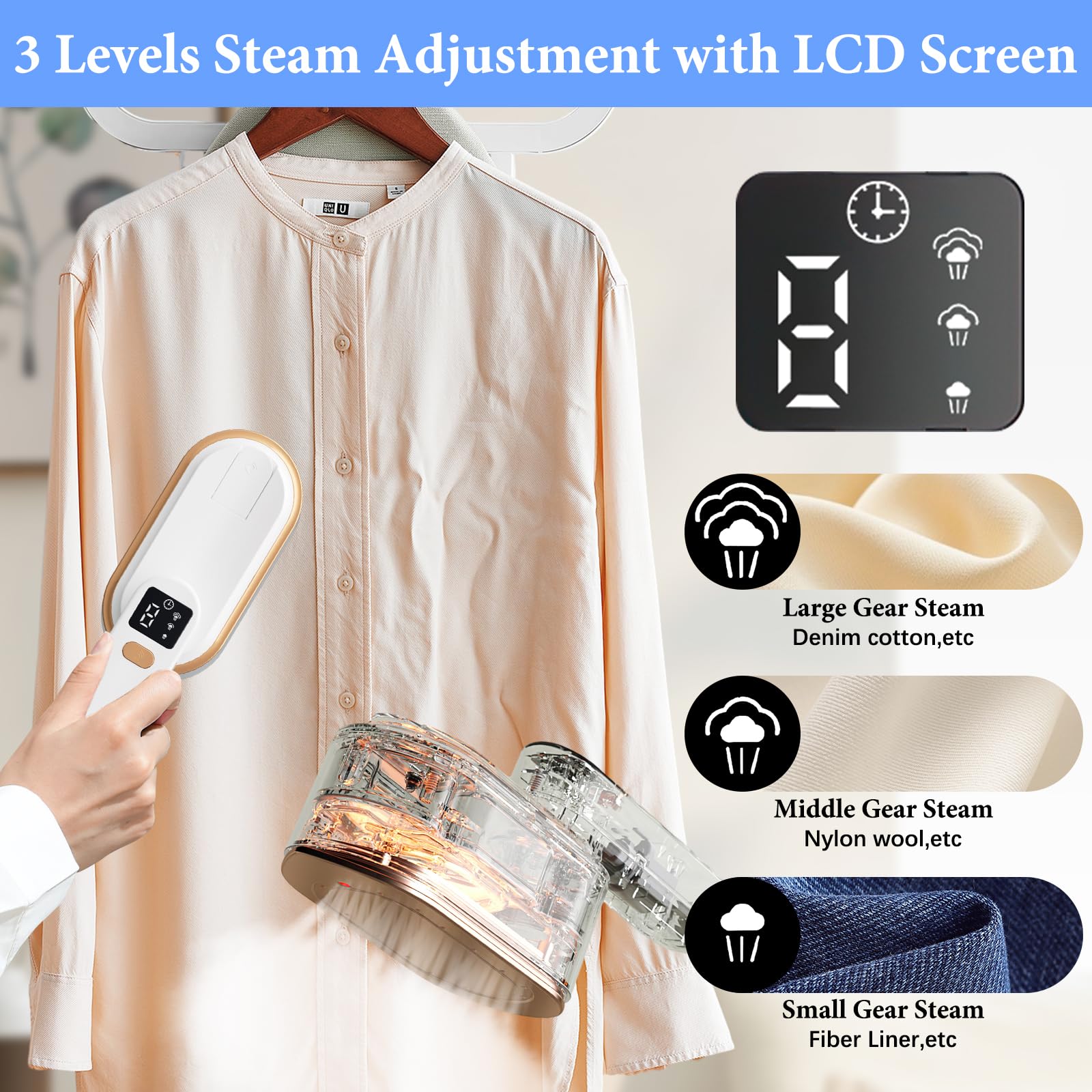 Steam Iron Travel Steamer with LCD Screen, 10S Fast Heat-up 2000W Steamer Clothing with 180° Rotatable Handle, Portable Handheld Clothes Steamer, 3 Steam Levels for Travel, Home, Office Y