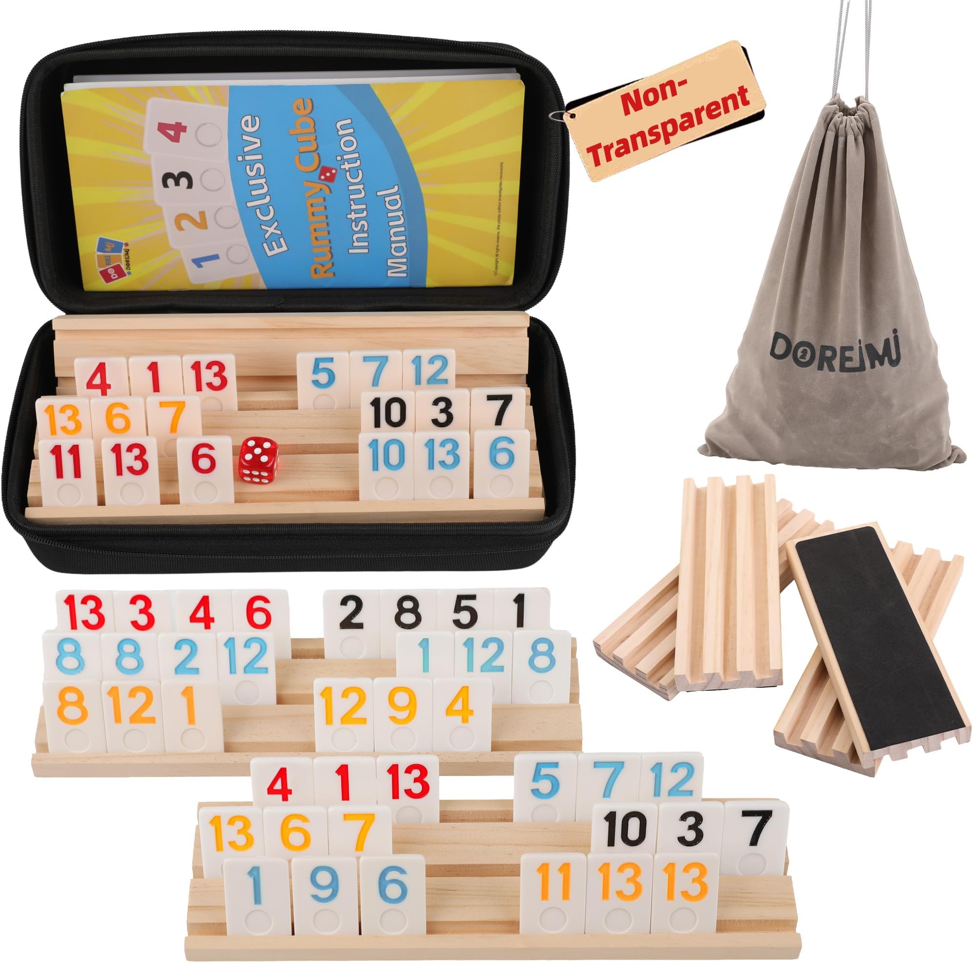 Doreimi Upgraded Rummy Cube Game Set 6 Plays with 6 Wooden Holders and 162 Rummy Tiles, Travel and Family Board Game for Adults and Kids