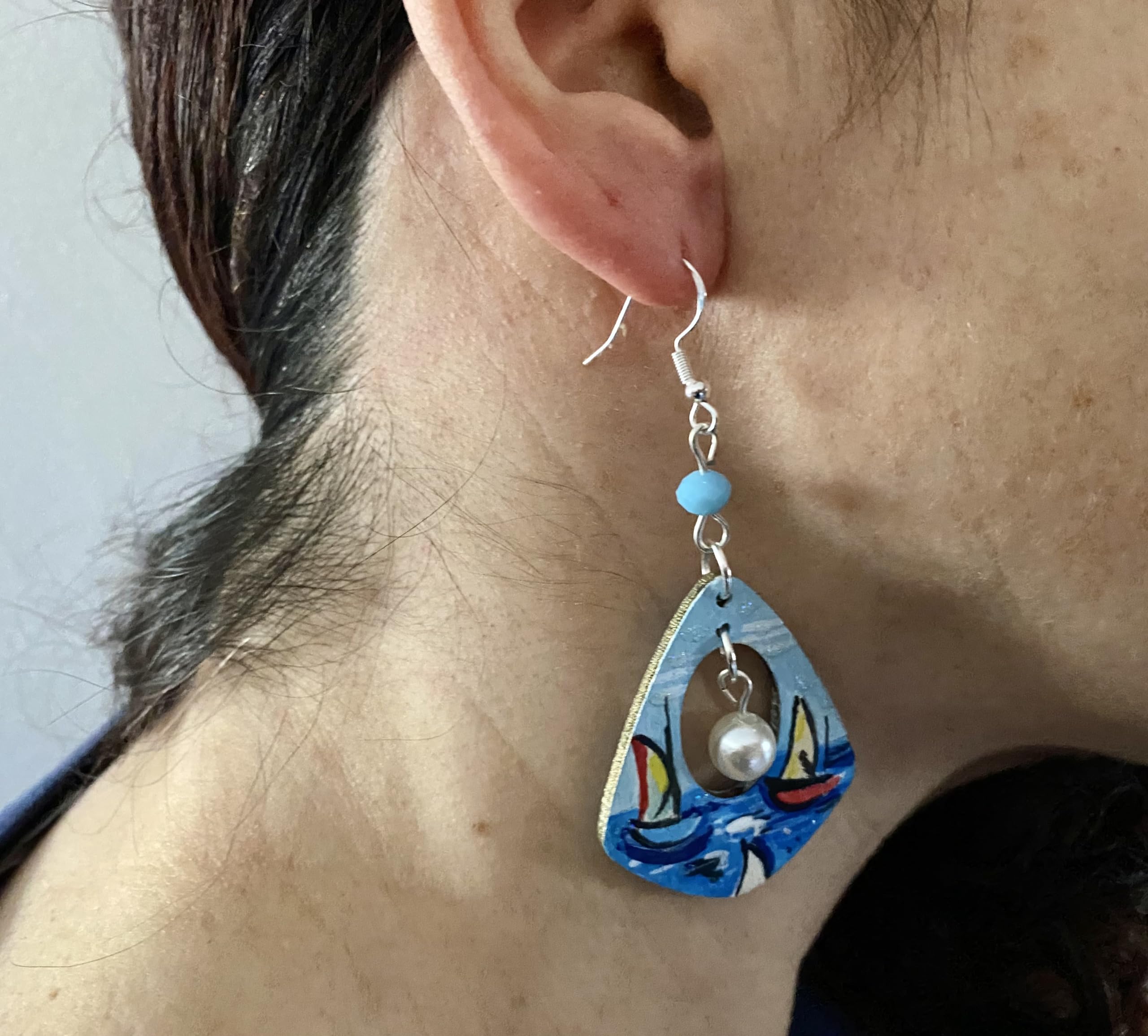 Boucles d'oreilles peintes à la main - PAYSAGE MER TABLEAU CÉLÈBRE - Boucles d'oreilles pendantes pour femme, Bijoux en bois peint, Crochet en argent, Fabriqué en Italie, Bijoux pour femmes décorés