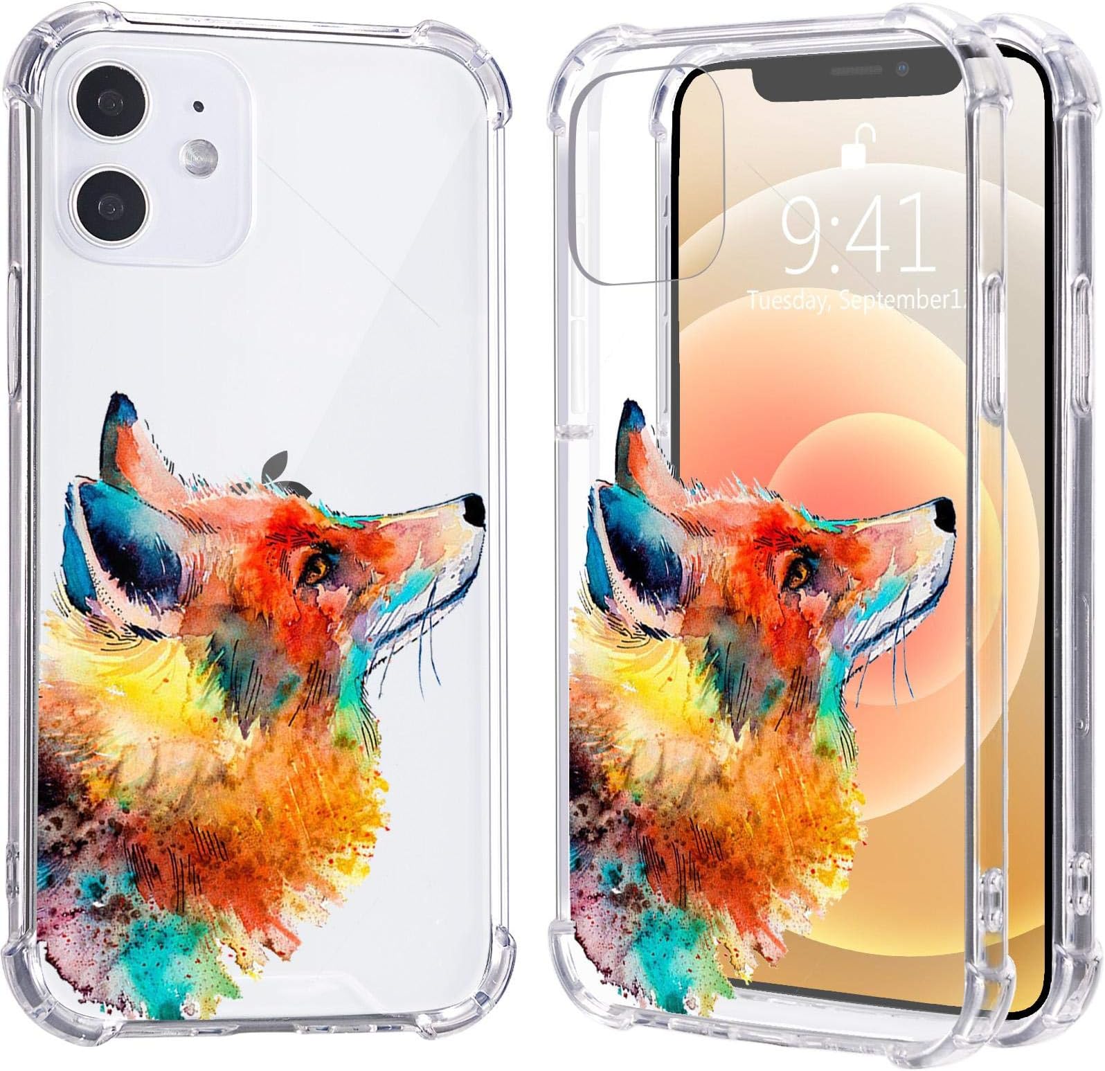 LuGeKe Red Fox Print Case for iPhone 12 Pro Max,Watercolor Painting Soft TPU Flexible Full-Body Airbag Shockproof Case Cover for Women Men,Transparent Anti-Scratch Bumper Protection Phone Case