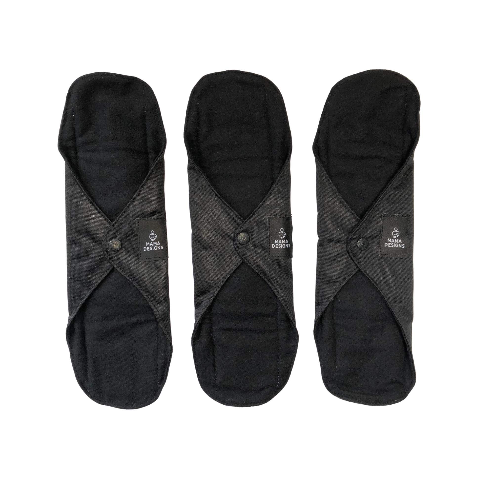 Mama Designs Reusable Washable Sanitary Pads, 3 Pack Cloth Sanitary Pads | Menstrual Pads, Maternity Pads, Highly Absorbent and Waterproof, for Light and Heavy Flow | Black, Regular