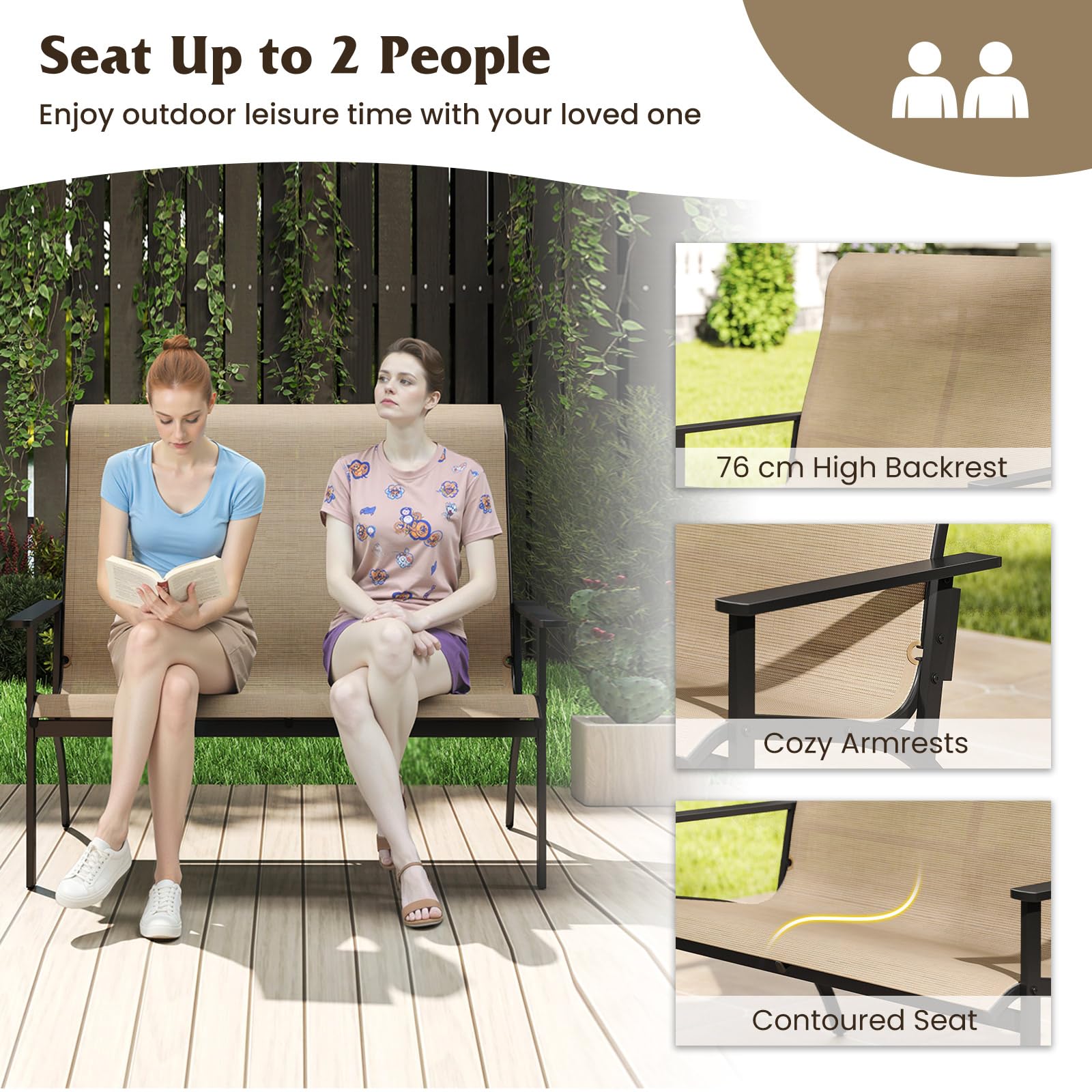 KOMFOTTEU Panca giardino esterno a 2 posti, sedia Adirondack in Textilene con carico di 400 kg, panca di terrezza con schienale alto e braccioli per patio, balcone, 81 x 120 x 106 cm